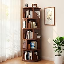 extrasleep 5 Tier Rotating Bookshelf, 360 Display Round Spinning Bookshelf, Small Space Rotating Book Shelf Tower for Bedroom Living Room Home Office, Space-Saving, Walnut