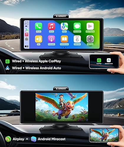 Miniatura 2 de Apple Carplay inalámbrico de 10.26 pulgadas y Android Auto, estéreo portátil para automóvil con cámara de tablero 4K, cámara de respaldo de 1080P,