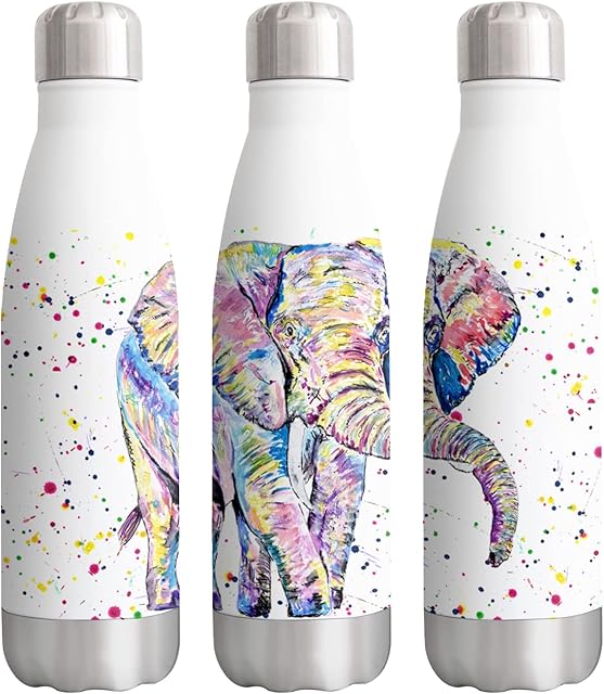 Elephant Adult Wild Animals Watercolour rainbow art Bottle double Wall insulated Stainless steel sport Drinks 500ml WHITE Gift ideal for school work office Oudoor sports keeps Hot and Cold Drinks