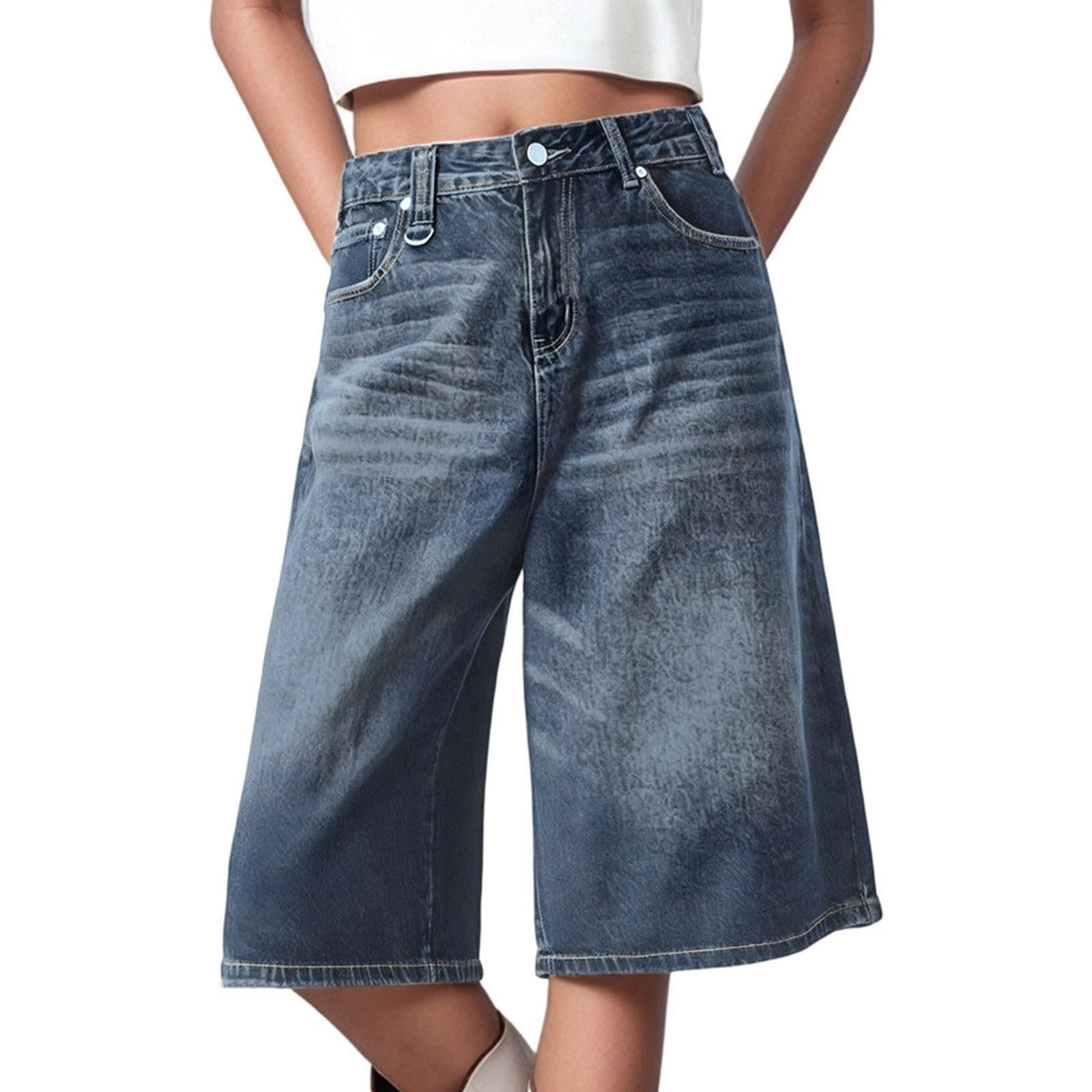 Générique Short en Jean Femme Ete Jean 3/4 Ample pour Femme Décontracté Jambe Large Longueur Genou Shorts Jeans Confortable et Casual Pantacourt avec Poches Style Streetwear pour Loisirs Quotidiens