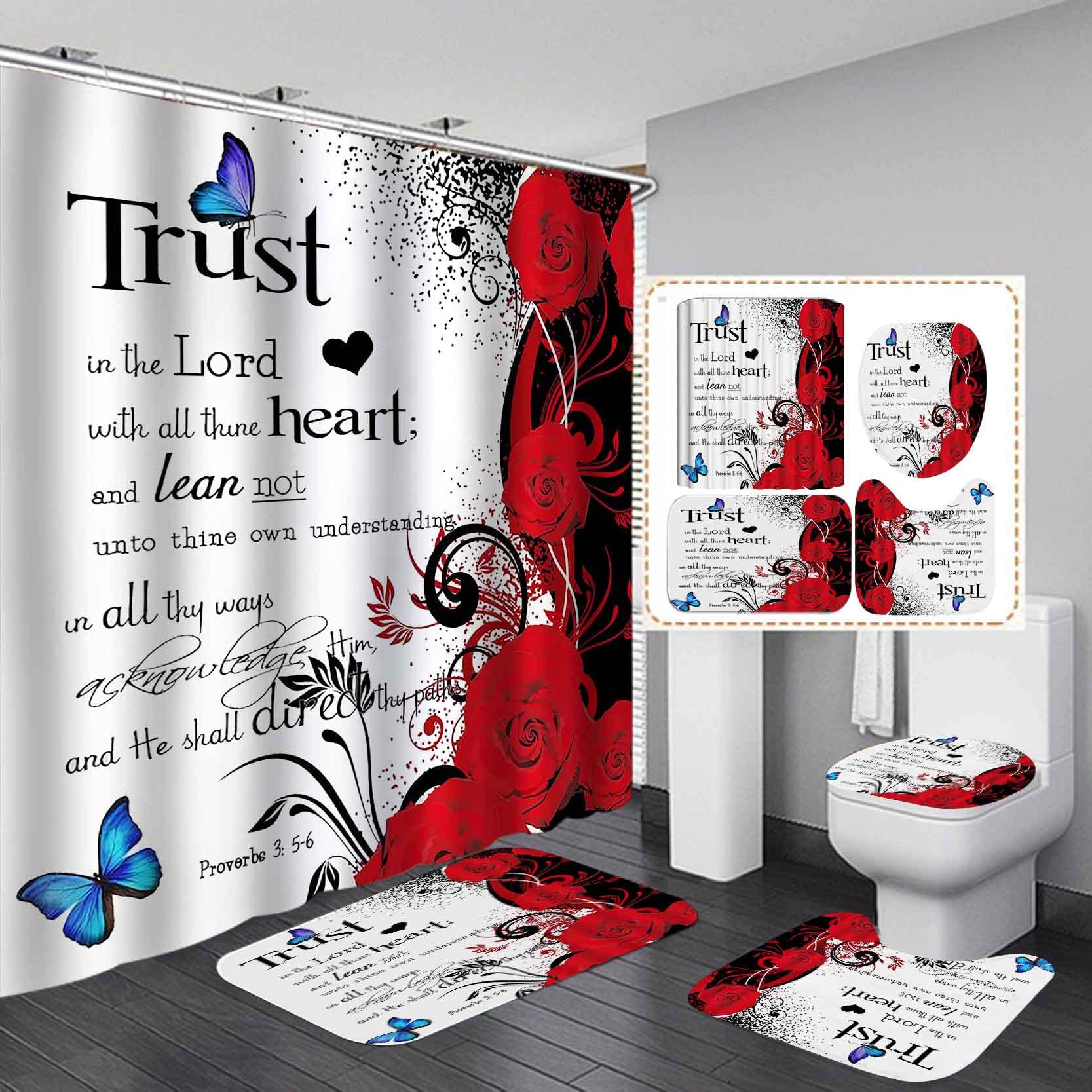 Camille&Andrew 4PCS Inspirational Red Rose Shower Curtain Set, Blue Butterfly Floral Bathroom Decor, Waterproof Fabric White Shower Curtain, Non-slip Bath Mat, Romantic Valentine's Day Gifts for Her