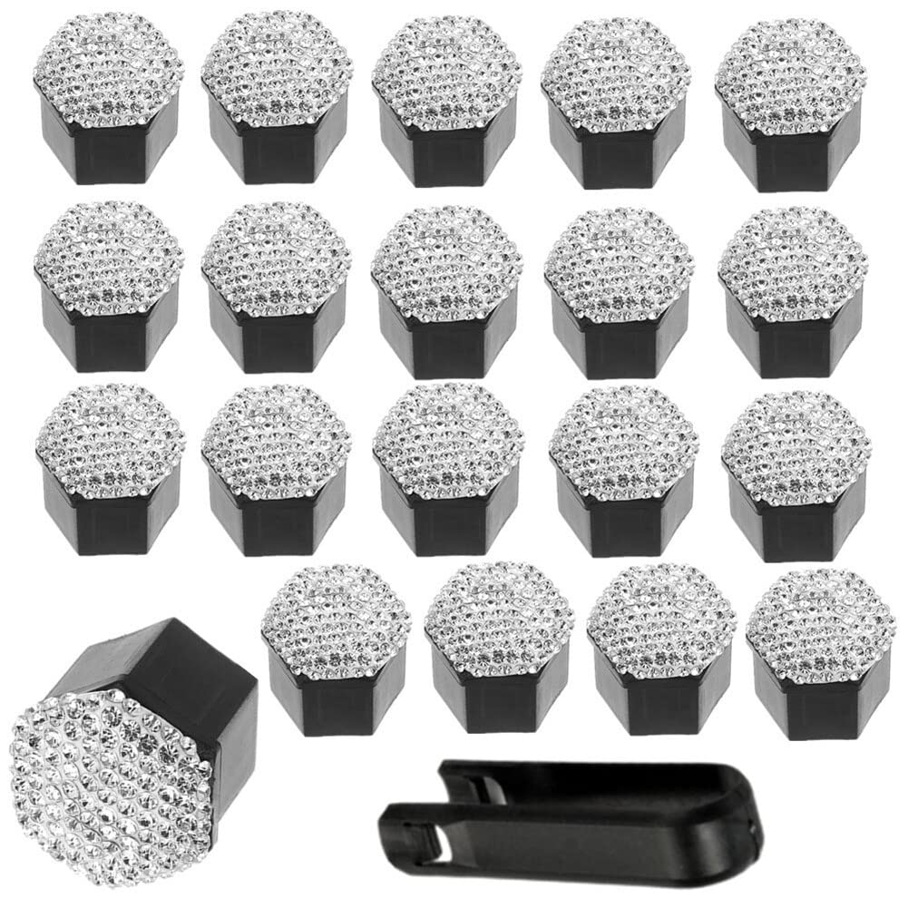 ikasus 20Pcs Car Wheel Nut Covers, Bling Crystal Universal Tyre Nut Covers Hexagonal Tire Nut Covers Auto Hub Screw Bolt Head Tire Protector with Remover Tool Car Wheel Accessories 21mm White