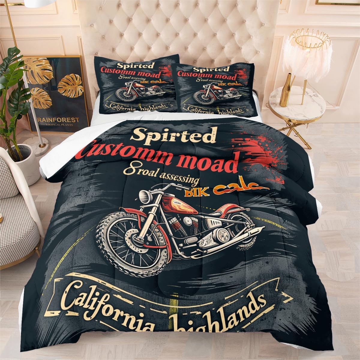 Motorcycles Comforter Set Twin Size Black Motorcycles Reversible Bedding Set with 2 Pillow Shams for Boys Girls Kids