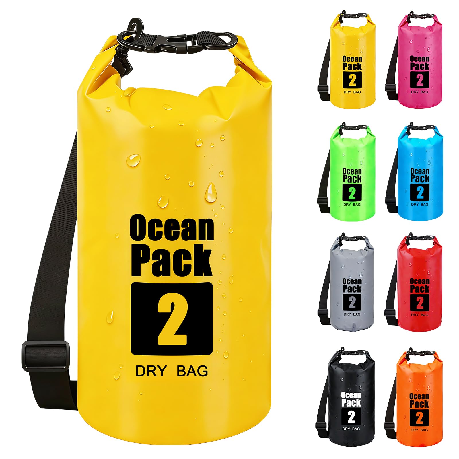 RONGZUBAT 2L Waterproof Dry Bag, Small Roll Top Dry Sack for Phone, Keys and Essentials, Lightweight Waterproof Bag for Kayaking, Paddle Boarding, Beach, Swimming, Camping and Travel - Yellow