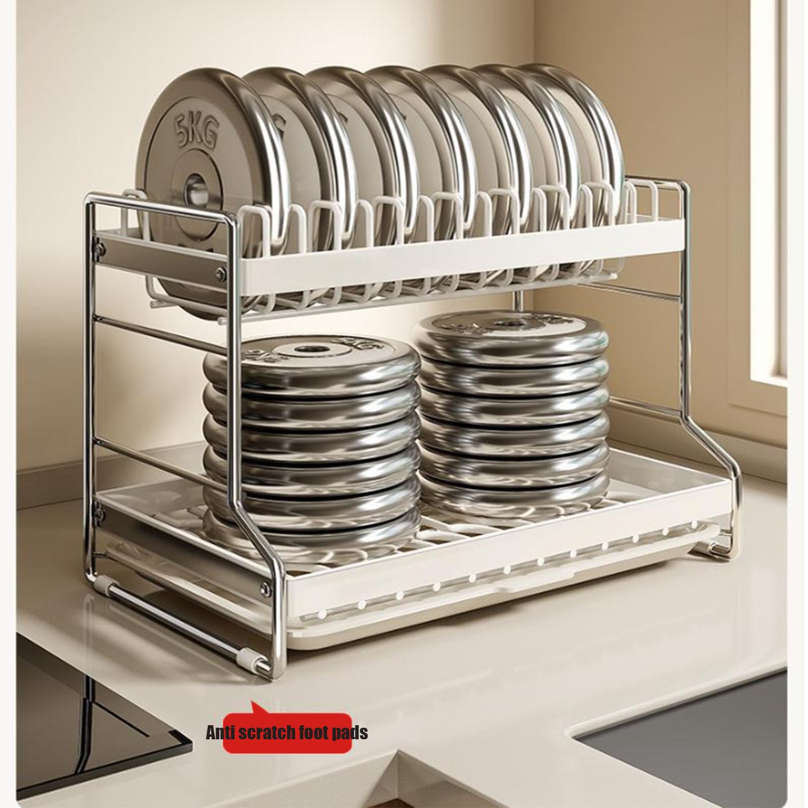 Escurridor de platos de acero inoxidable de 2 niveles con bandeja de goteo, soporte extraíble para cubiertos y cesta, organizador de almacenamiento de cocina multifuncional