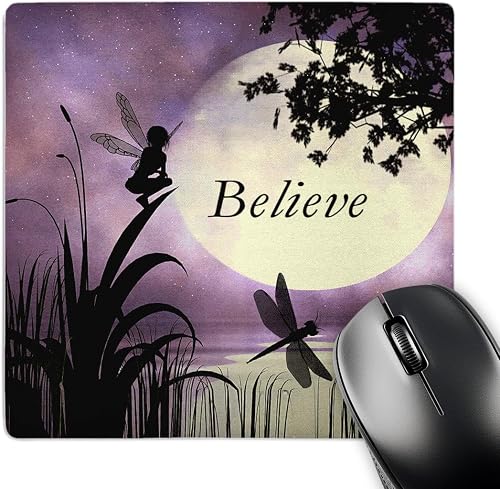 3dRose LLC 8 x 8 x 0.25 Inches Mouse Pad,"Believe" Fairy with Dragonflies with Moon and Purple Sky (mp_35696_1)