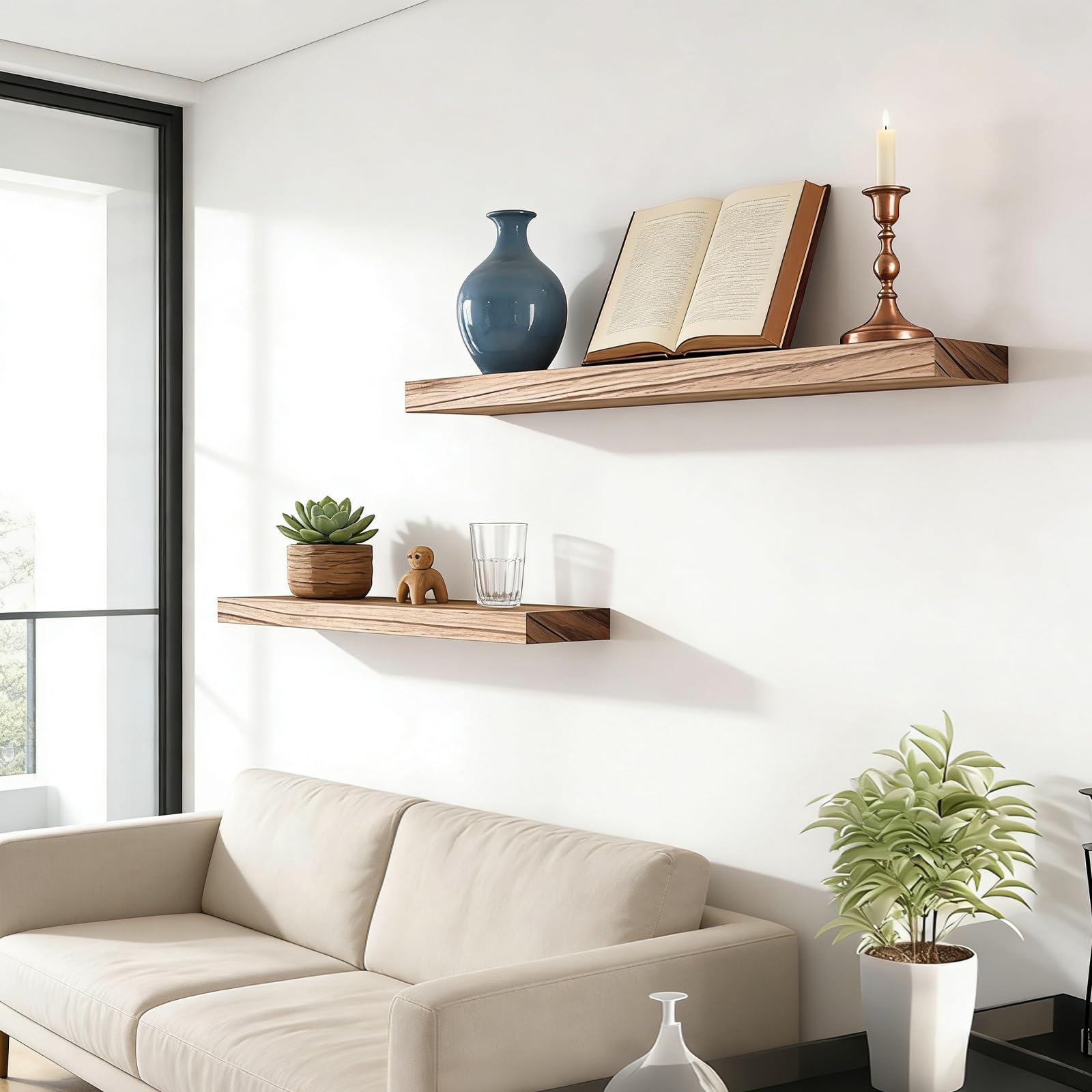 Półki wiszące na ścianę, Solidna rustykalna dębowa półka pływająca na rośliny Książki Łazienka Pokój dzienny Sypialnia 42x15x2 cm(2pcs)