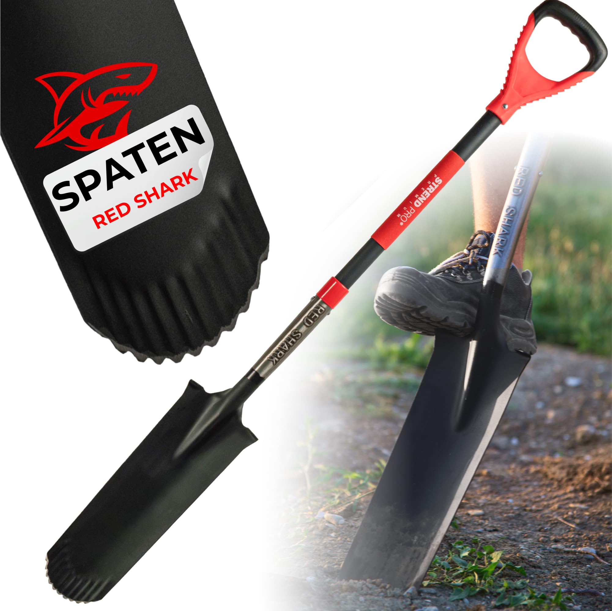 STREND PRO Spaten | Premium RedShark Gärtnerspaten | Drainagespaten mit Fiberglasstiel | D Spatenstiel | Schmal Spaten für Garten mit Stabiler Stahlkopf |für Harte, steinige Böden| Wurzelspaten