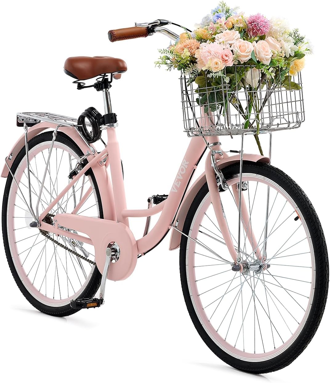 VEVOR Women Bike, 7-Speed and 1-Speed, 24-26 Inch Pink and Light Blue Beach Cruiser Bike, with Large Capacity Basket and Rear Rack, Adjustable Seat, Fits for Cycling, Exercise & Shopping