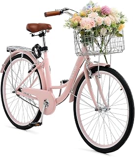 VEVOR Women Bike, 7-Speed and 1-Speed, 24-26 Inch Pink and Light Blue Beach Cruiser Bike, with Large Capacity Basket and Rear Rack, Adjustable Seat, Fits for Cycling, Exercise & Shopping