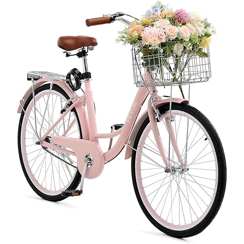 VEVOR Women Bike, 7-Speed and 1-Speed, 24-26 Inch Pink and Light Blue Beach Cruiser Bike, with Large Capacity Basket and Rear Rack, Adjustable Seat, Fits for Cycling, Exercise & Shopping