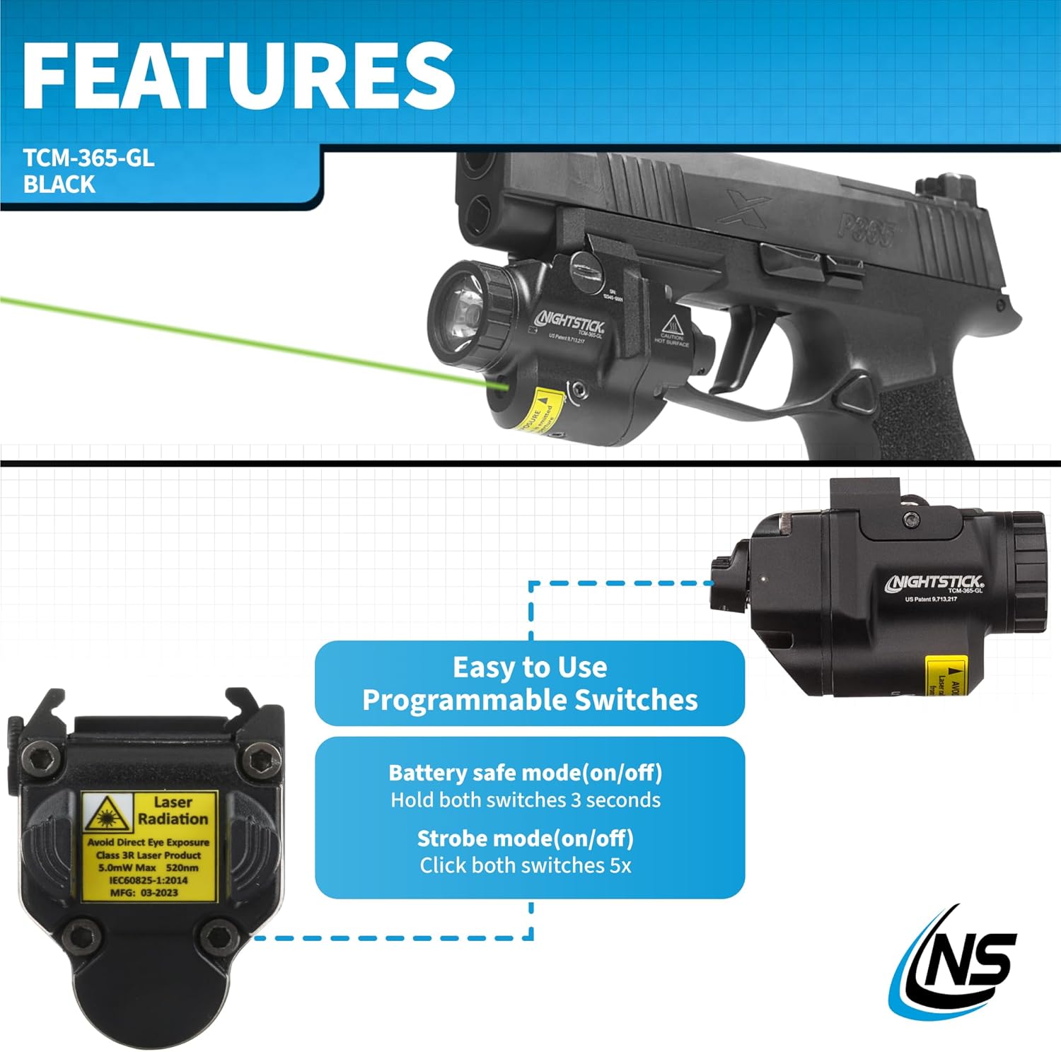 Nightstick TCM-365-GL Subcompact Handgun Light w/Green Laser, Sig Sauer P365 Models - 1 CR123 - Black NS1-BATT Li-Ion USB-C Battery - 16310 Size - 3.6V, 850mAh