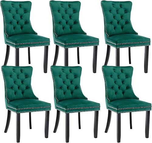 Miniatura 42 de Juego de 4 sillas de comedor de terciopelo beige, sillas tapizadas modernas para comedor con respaldo capitoné y acentos de madera, patas curvas de