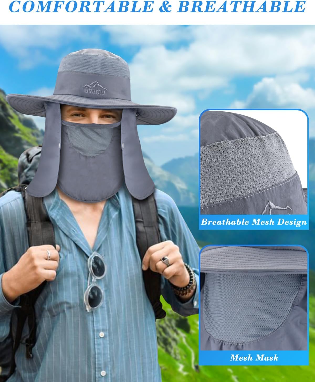 BROTOU Sun Cap Fishing Hats, UPF 50+ Wide Brim Outdoor Protection Hat, Sun Hat with Face & Neck Flap Cover for Men and Women - Image 5