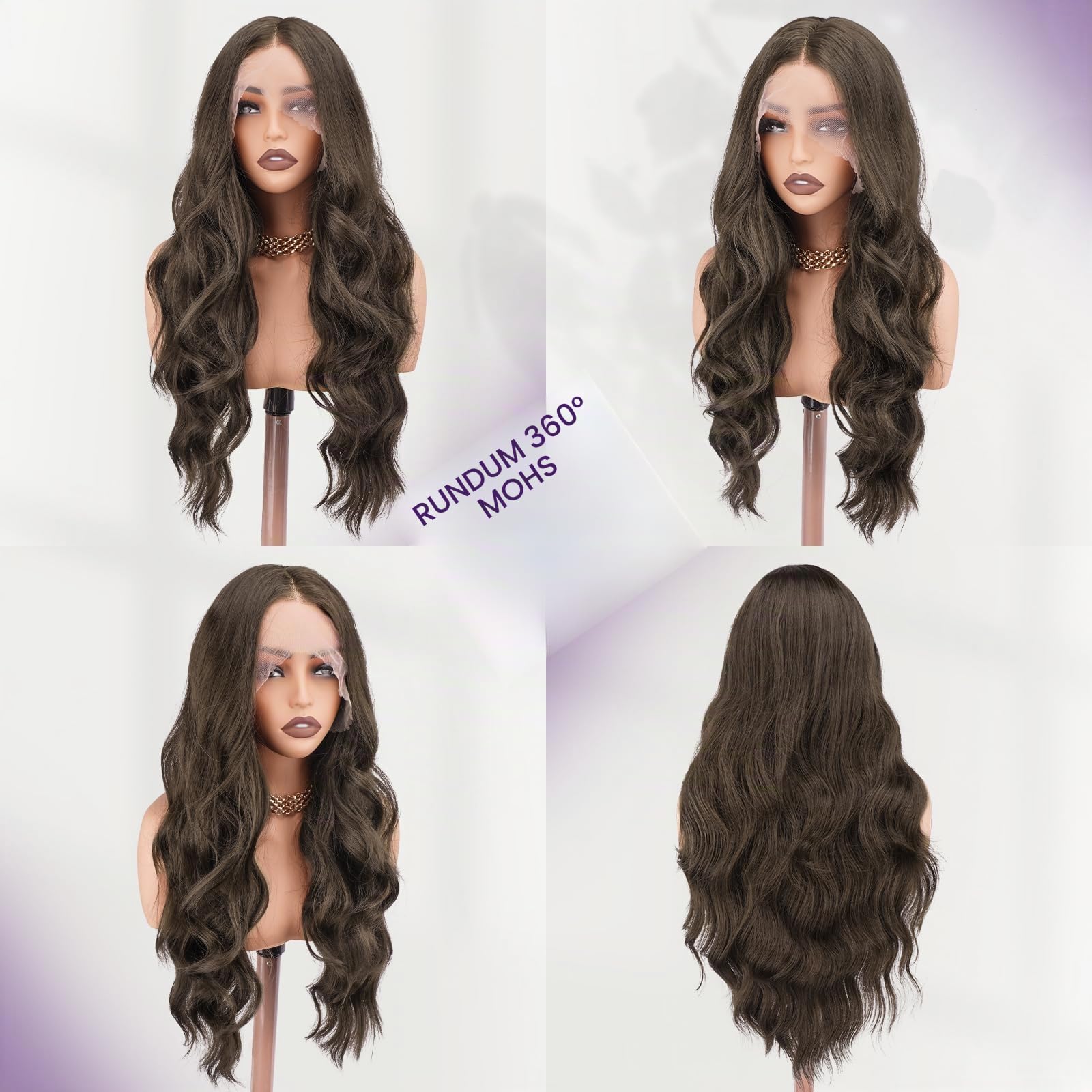 FESHFEN Lace Front Perücke – Lange Lockige Gewellte Kunsthaar Perücken mit 34x11x3 cm HD Lace Perücke für Frauen, Mittelbraun 70 cm