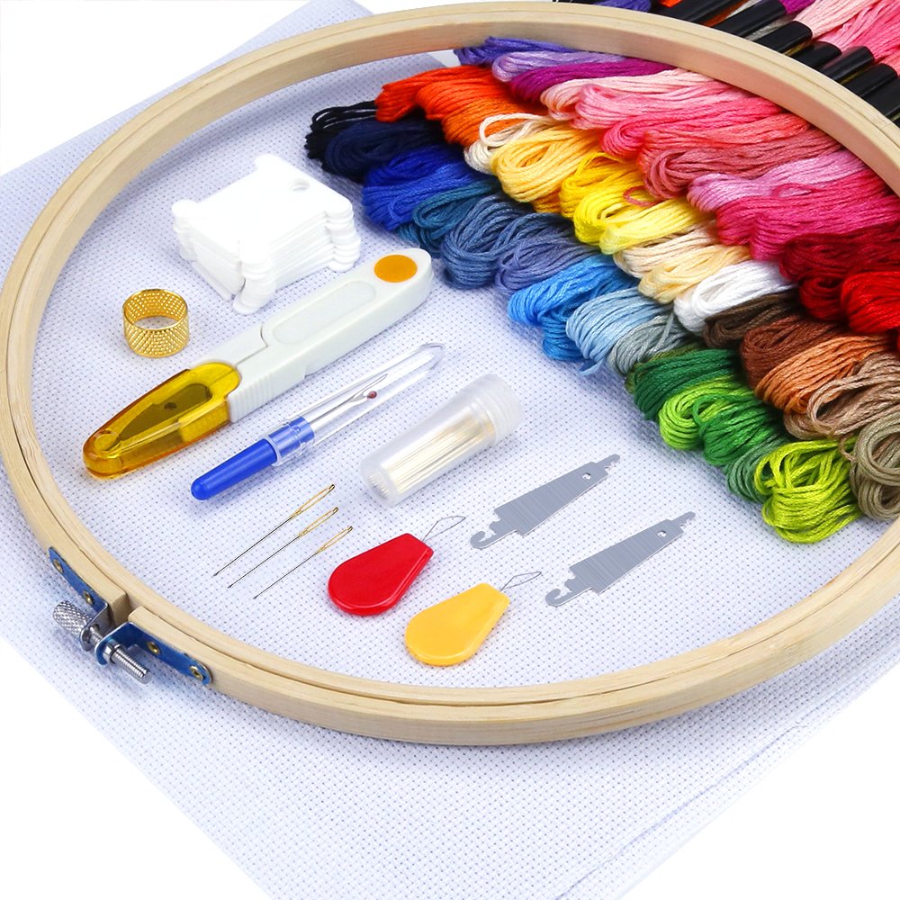 Pllieay Full Range of Cross Stitch Starter Kit with Instructions, 5 Pieces Bamboo Embroidery
