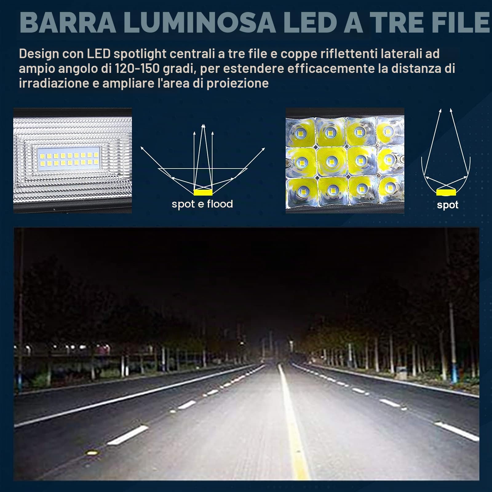 PICAA Faro da lavoro a LED, 52 pollici, 130 cm, 675 W, 7D, 3 file, 12 V, con 2 luci LED da 4 pollici, per SUV, fuoristrada, ATV, UTV, trattore, 4 x 4 auto