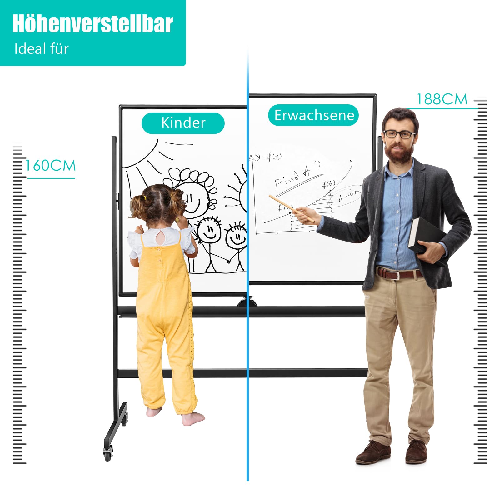 GOPLUS 120x90cm Mobiles Whiteboard mit Ständer & Flipchart, Höhenverstellbares doppelseitiges Whiteboard mit abschließbaren Rollen, um 360° drehbare magnetische Tafel mit Alurahmen & Zubehör(Schwarz)