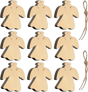 60 Pcs Wooden Angels Christmas Ornaments to Paint Wooden Angels Hanging Ornaments with Hole Hemp Ropes Unfinished Wood Cutouts for Christmas Tree DIY Crafts Hanging Decorations (Angel)