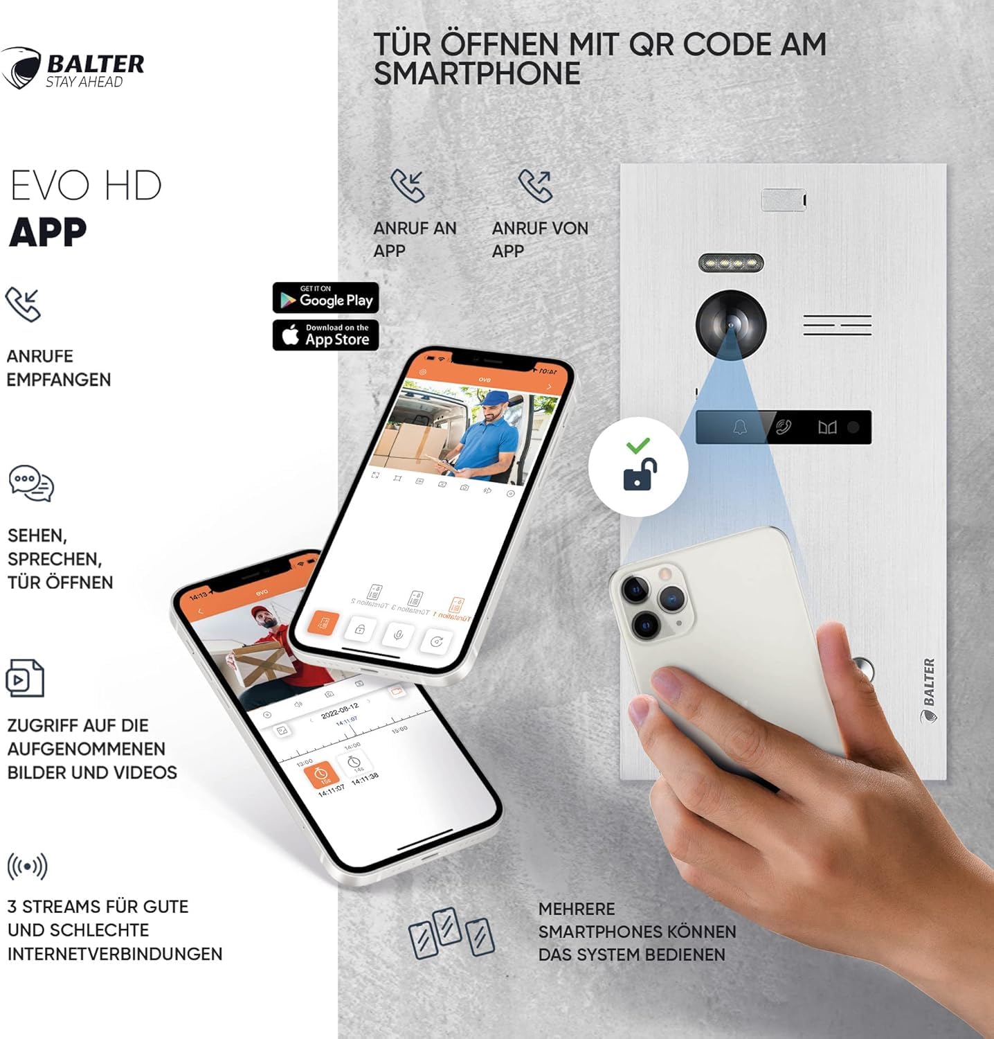 SCHUTZER Balter EVO-HD Videocitofono per 1 casa di famiglia, monitor touchscreen da 7", fotocamera grandangolare da 175°, visione notturna, tecnologia a 2 fili