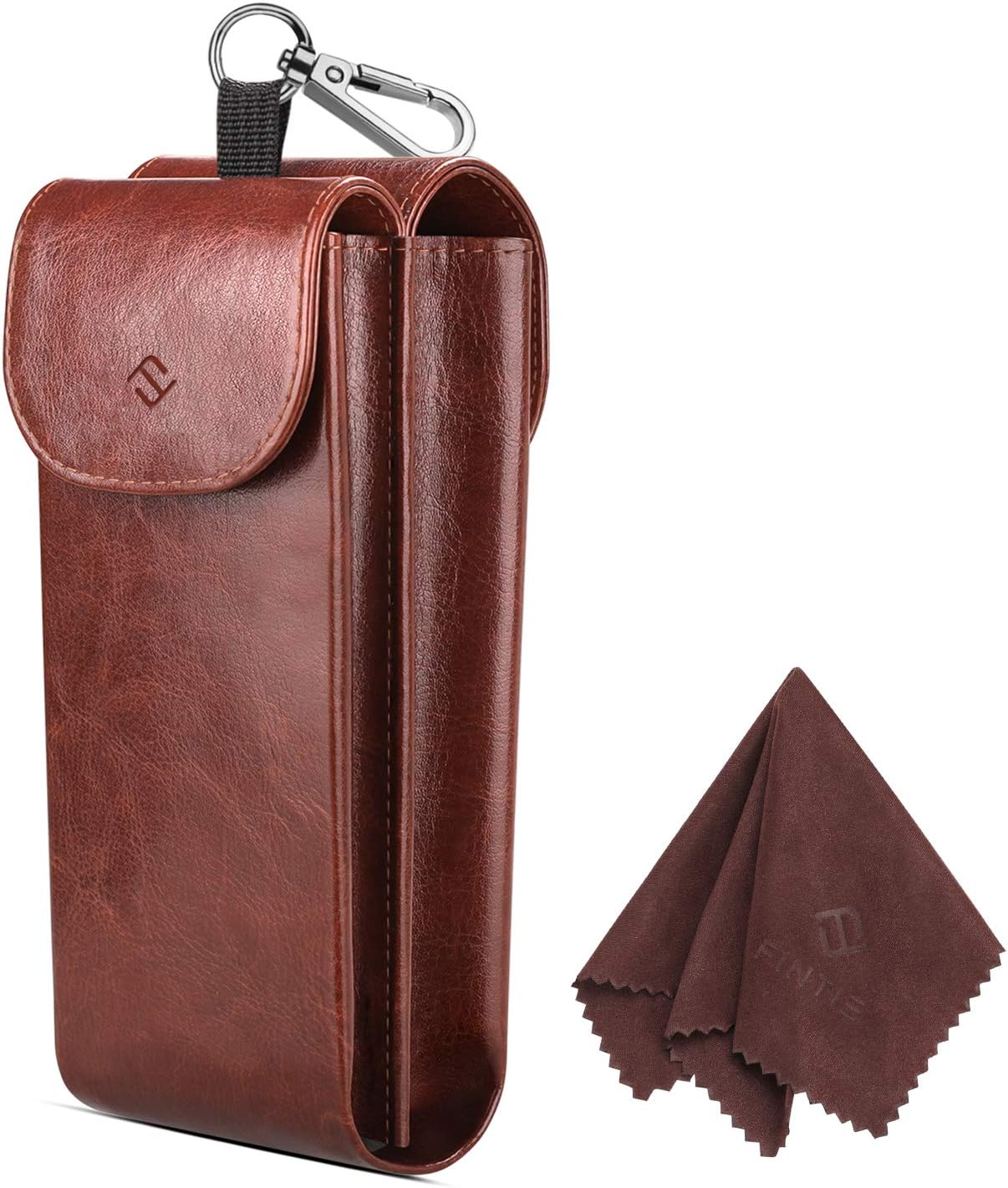 Fintie Double Glasses Case with Carabiner Hook, Semi Soft Vegan Leather Eyeglass Case Anti-scratch Sunglasses Pouch (Brown)