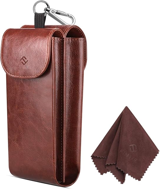 FINTIE Double Glasses Case with Carabiner Hook, Portable Vegan Leather Dual Eyeglasses Bag Anti-scratch Sunglasses Pouch, Spectacle Cases for Women Men, Brown