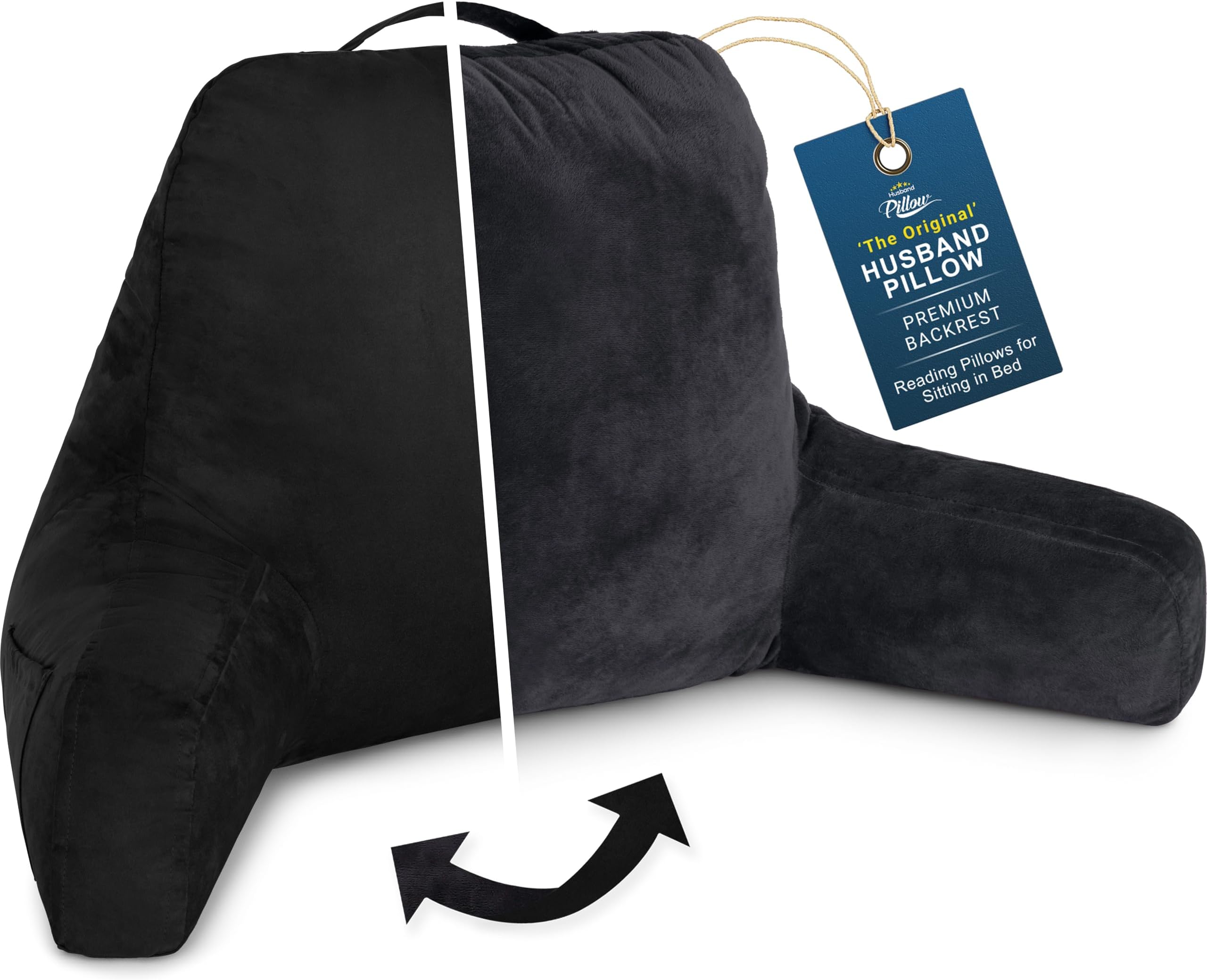 Husband Pillow Aspen Stable Black, Reading Pillow Bed Rest Chair, Two-Sided Reversible Fabric, Large Lounge Cushion Adult Backrest with Arms, Comfy Back Support for Sit Sitting Up, Wash/Remove Cover