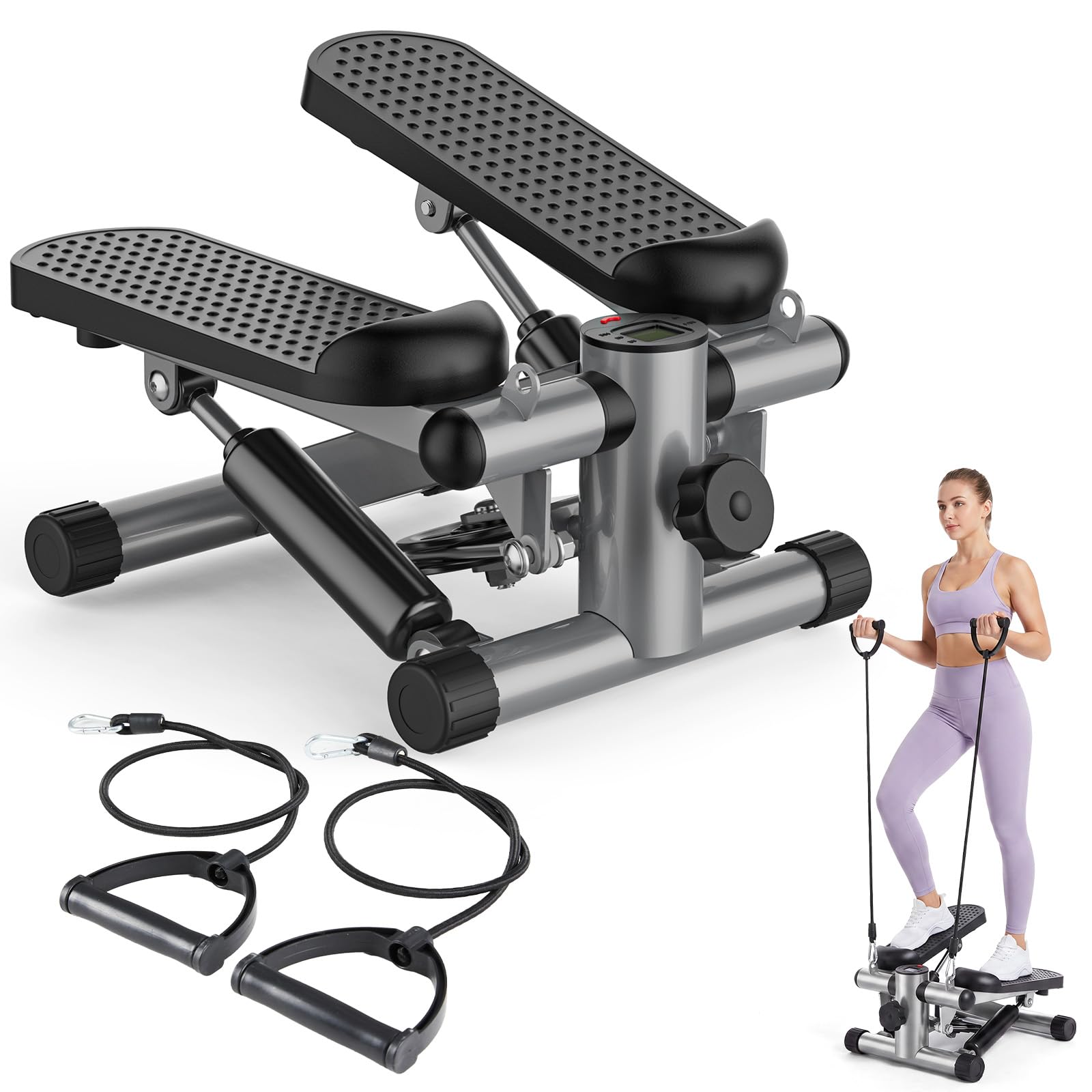 OLIXIS Steppers for Exercise at Home Workout Equipment, Mini Stepper Exercise Machine 300lbs, Twist Step with Resistance Bands, Cardio Weight Loss Equipment Home Fitness, Grey-image-16