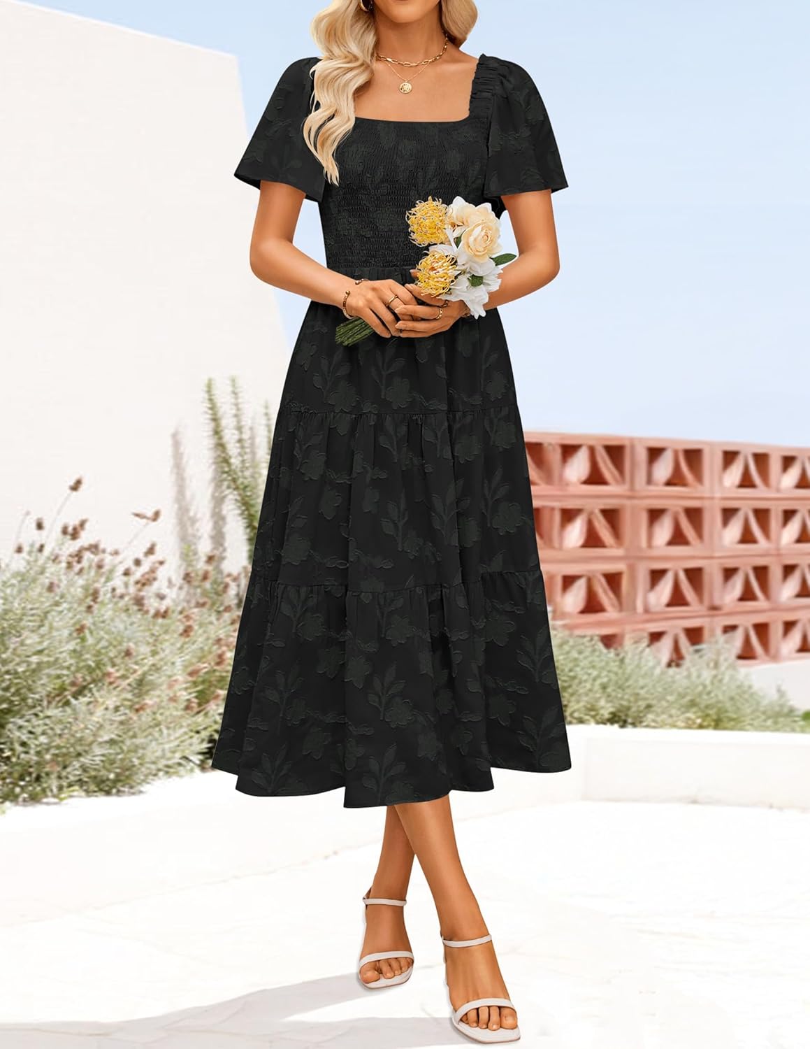 ZESICA Women‘s Summer Boho Floral Midi Dress 2026 Casual Short Sleeve Square Neck Flowy Beach Vacation Long Dress - Image 7