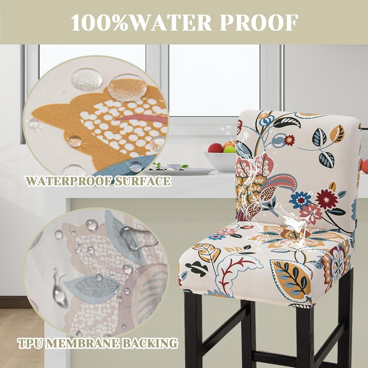 Waterproof Bar Stool Covers Set of 4, Stretch Barstool Seat Covers Washable Counter Height Chair Covers for Pub Tall Chair with Back, Bar Chair Slipcover for Kitchen Dining Room Cafe, Color 03