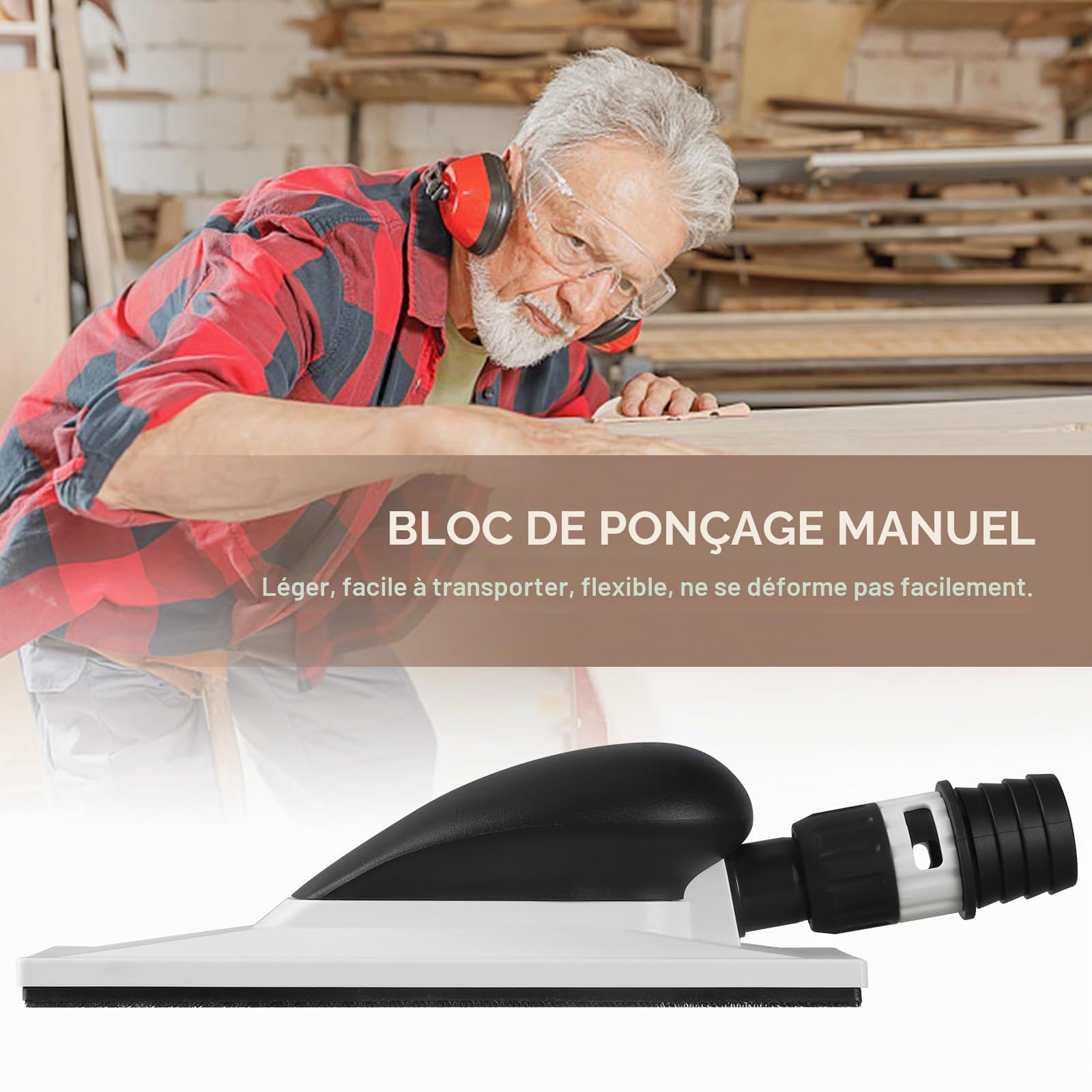 Ponceuse manuelle avec aspiration, 200 x 70 mm, 51 trous, version mise à jour, avec 5 bandes abrasives en maille grain P80, P120, P180, P240, P400, ponçage sans poussière