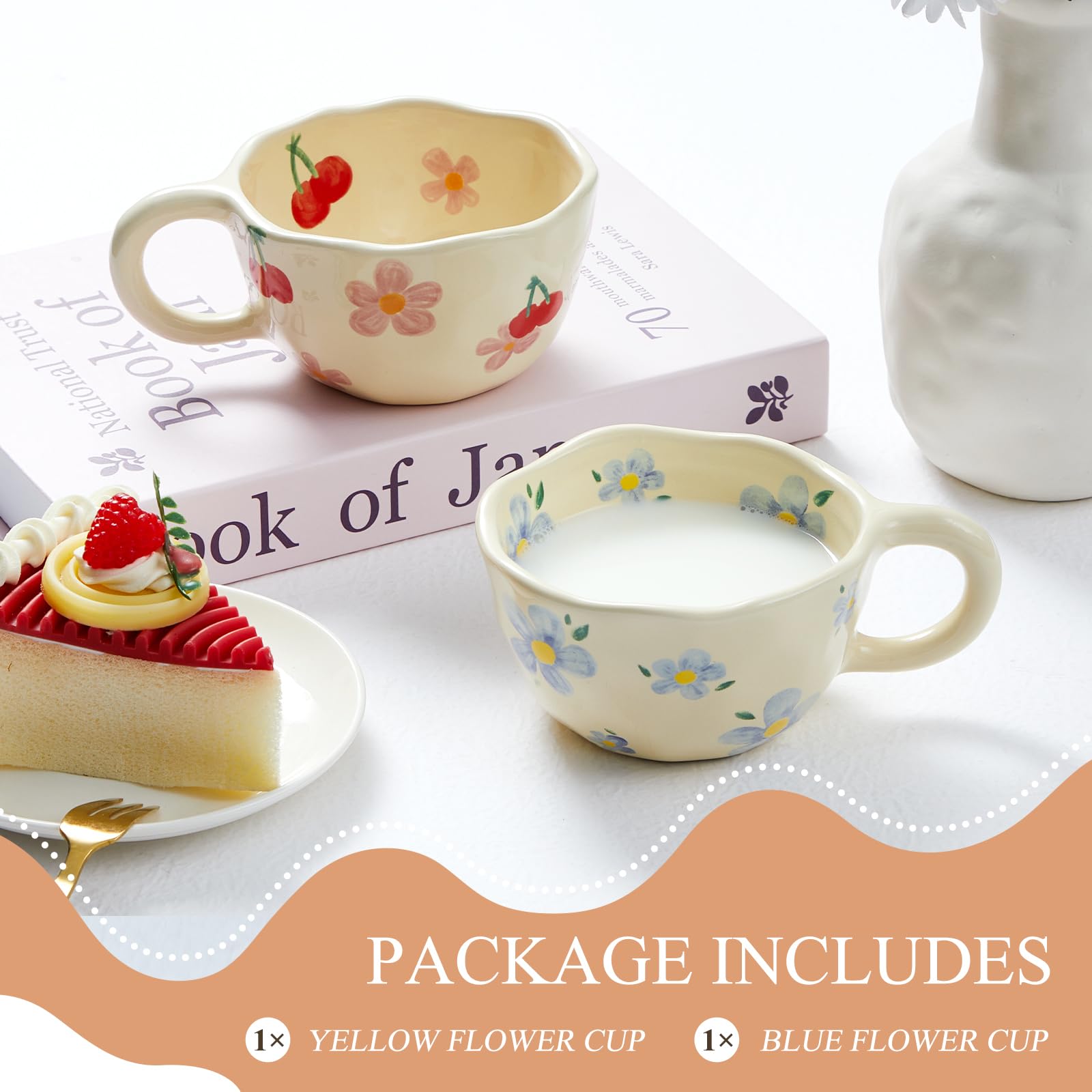 Vesici 2 tazas de café de cerámica creativas con diseño de flores con asas, 241.0 g, bonita taza de porcelana estética para oficina, hogar, lavavajillas y microondas (encantadora)