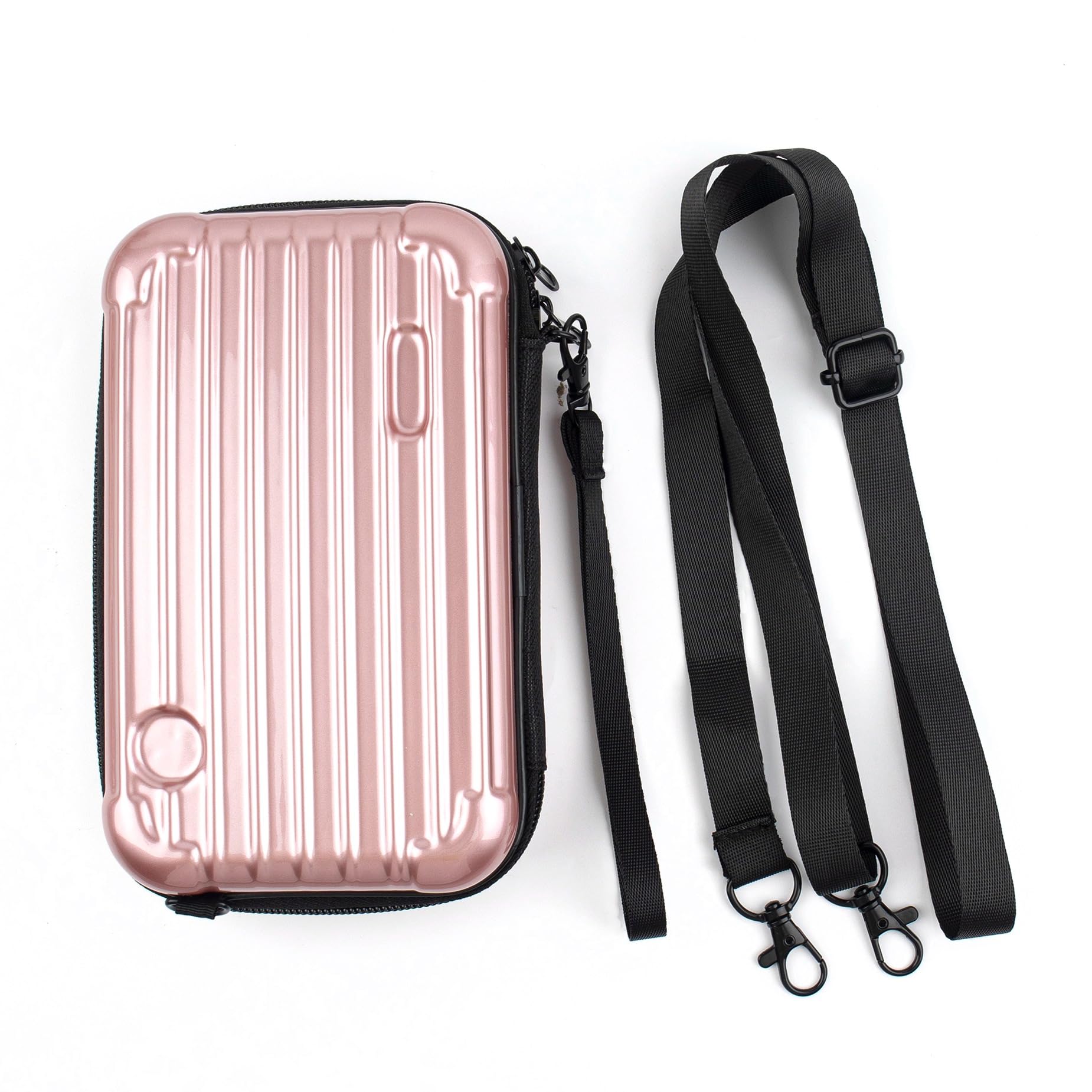 Framendino, Rose Gold Hard Shell Cosmetics Case Carrying Bag for Toiletry Mini Cross Body with Detachable Grip Rope and Shoulder Strap Women
