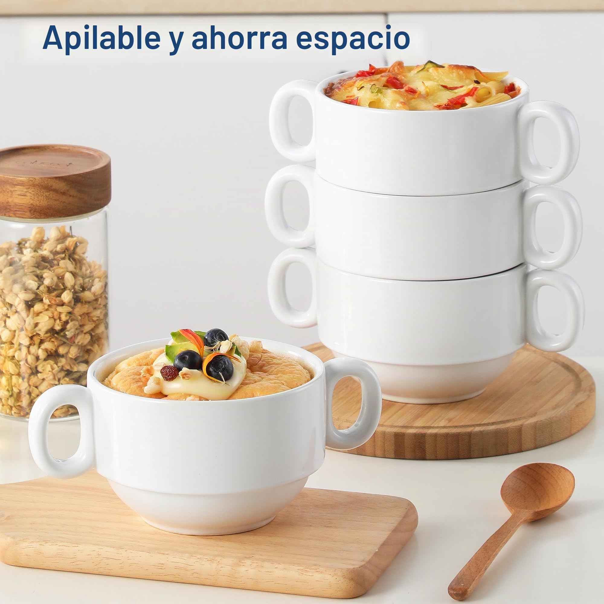LOVECASA Tazones de Consomã y Cereales 590 ml con 2 Asas, Soperas Pequeña de Porcelana, Juego de 4 Cuencos para Ensalada de Frutas con Yogur, Aptos para Microondas y Lavavajillas, 12 x 8 cm, Blanco