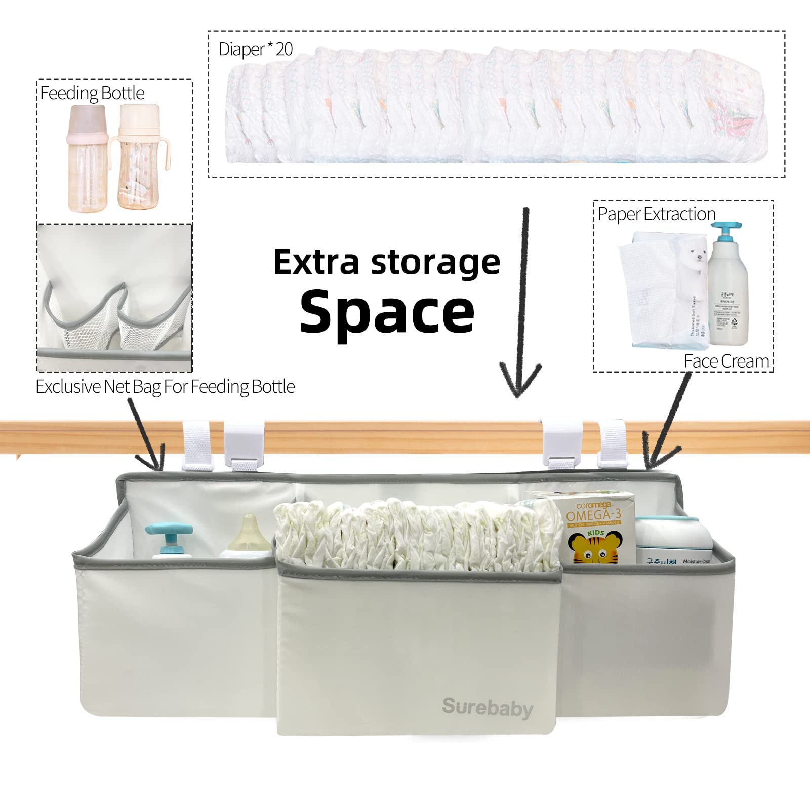 Organizador de pañales para bebé, organizador de pañales 3 en 1 para cuna, organizador de pañales para guardería, almacenamiento para cuna, cambiador, coche, pared, blanco