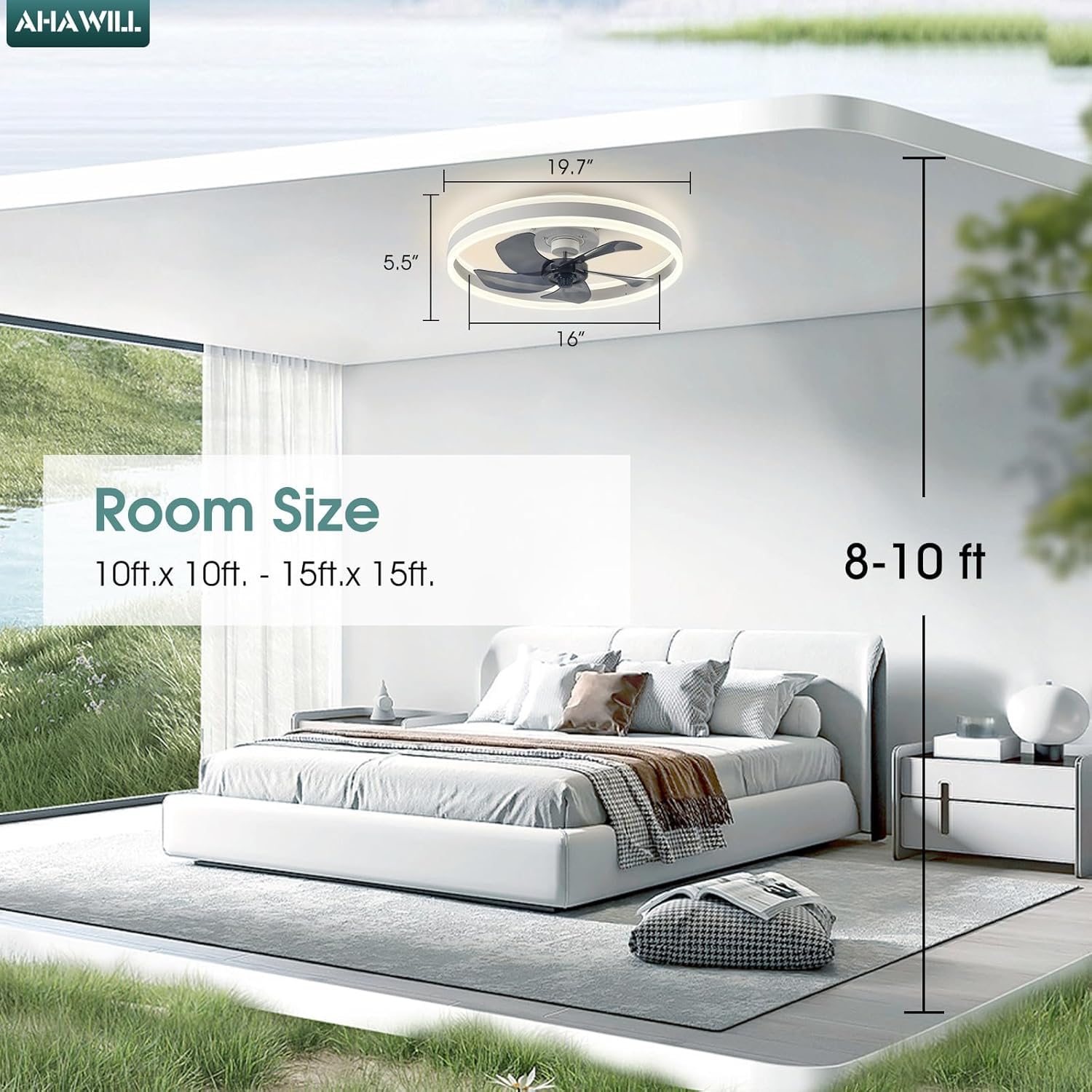 AHAWILL Moderne Deckenlampe mit Ventilator Weiß 50 cm, LED Dimmbar 3000–6500K, 6 Stufen, Fernbedienung & App, Reversibel, Timer, Flacher Ventilator für Schlafzimmer (Weiß)