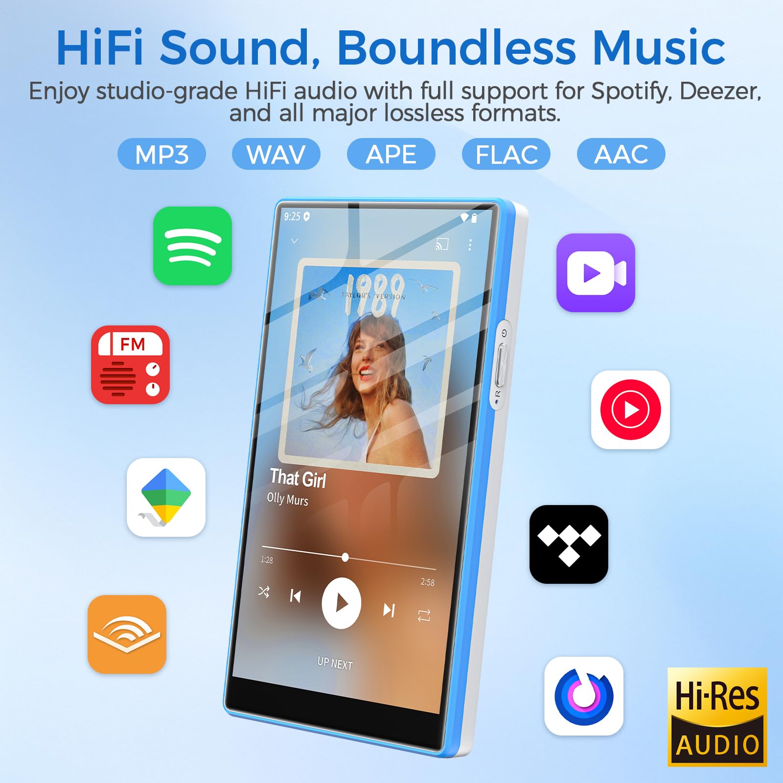 Lecteur MP3 avec Bluetooth et WiFi, Android 13 Lecteur MP4 avec Écran Tactile de 5 Pouces et Haut-parleurs, 96Go Baladeur MP3 avec Spotify, Deezer, Amazon Music, Bleu & Blanc