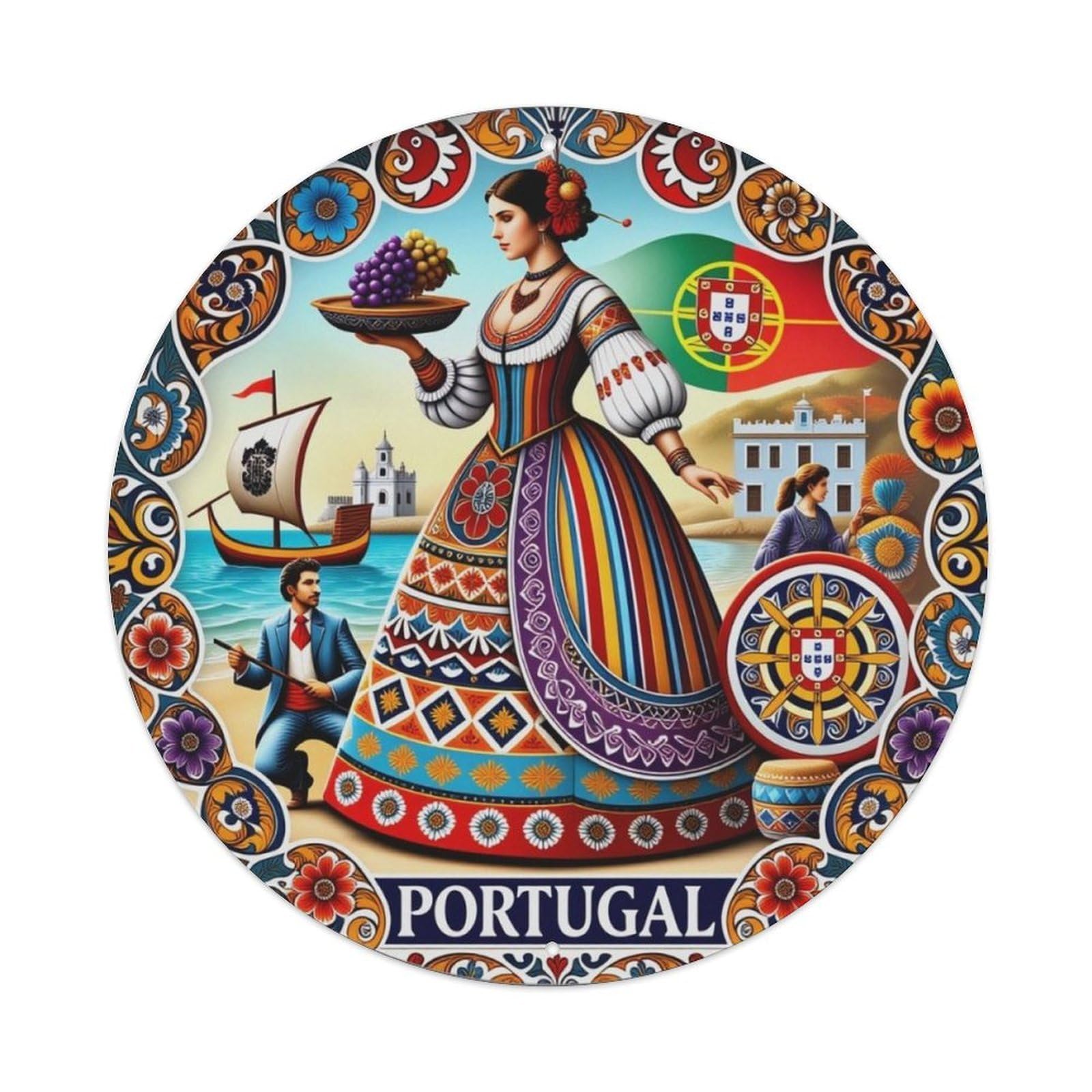 Portuguese Traditional Folk Style Round Sign Vintage Aluminium Metal Sign, Retro Wall Decor for Home, Bar, Garage & Farmhouse 20x20cm