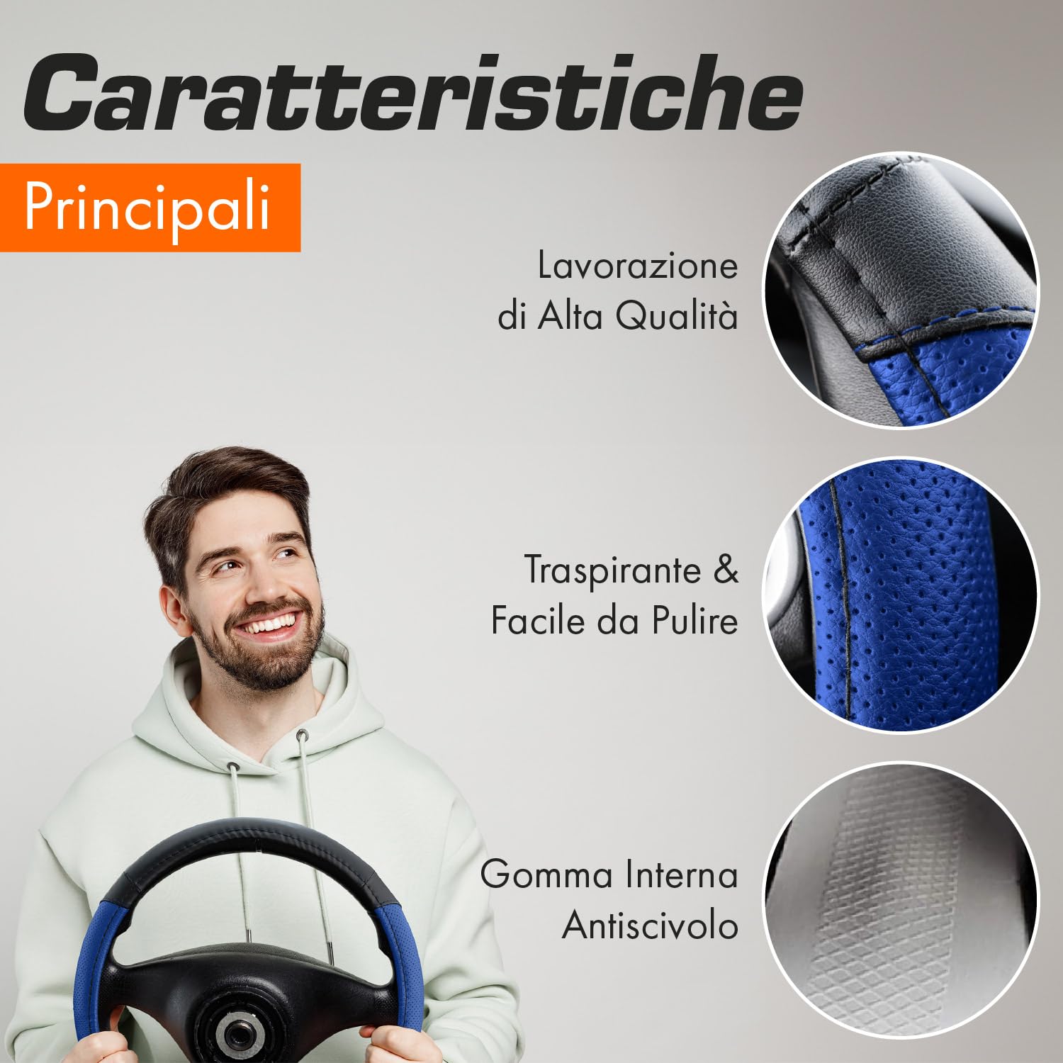 Upgrade4cars Coprivolante Auto Universale Nero Blu in Finta Pelle | Copertura di Volante Diametro 37-38 cm | Accessori Auto Interno | Regali per Donna e Uomo