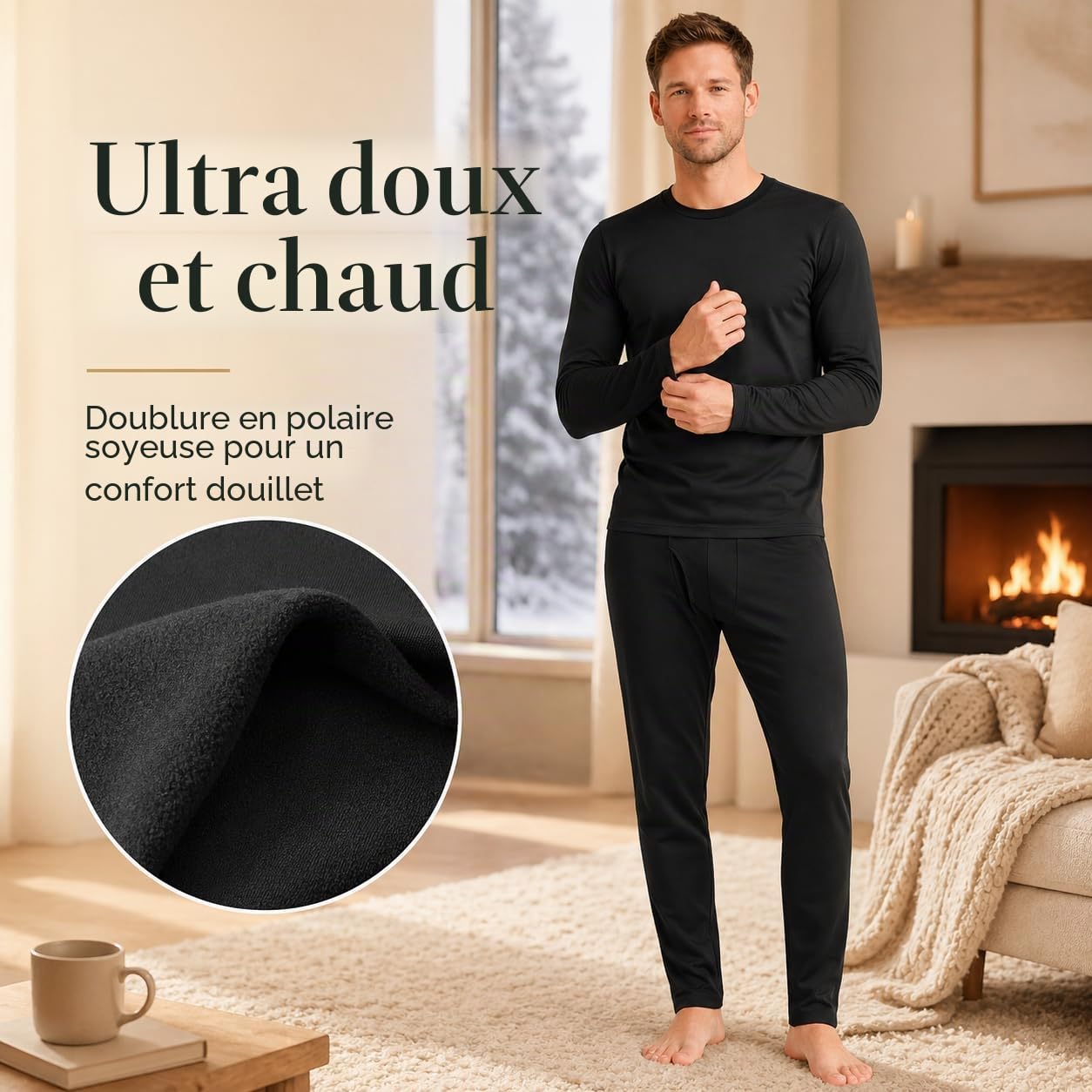 Ensemble sous-vêtements Thermiques Homme doublé Polaire léger Chaud Respirant Extensible Haut Manches Longues et Legging Hiver