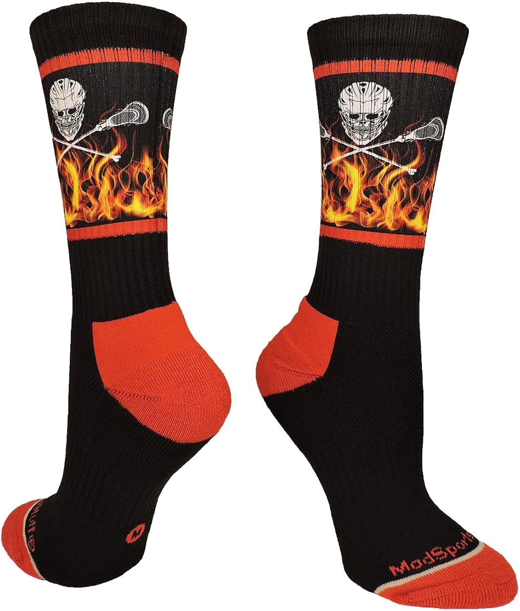 MadSportsStuff Lacrosse Socks with Lacrosse Sticks and Flaming Skull