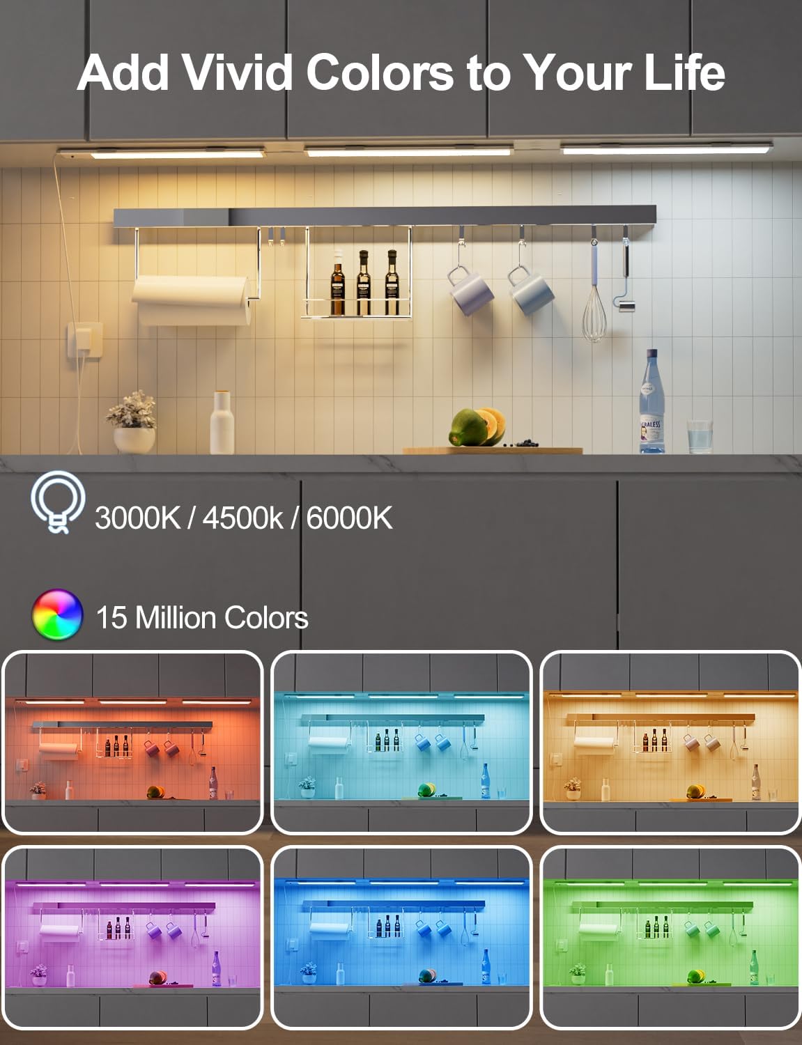 Diomart RGB Under Cabinet Lights with Remote, Dimmable Plug-in/Hardwired LED Light Bar for Kitchen Counter, 12 Inch, 3 Pack | Multi-Color Modes for Desk, Closet