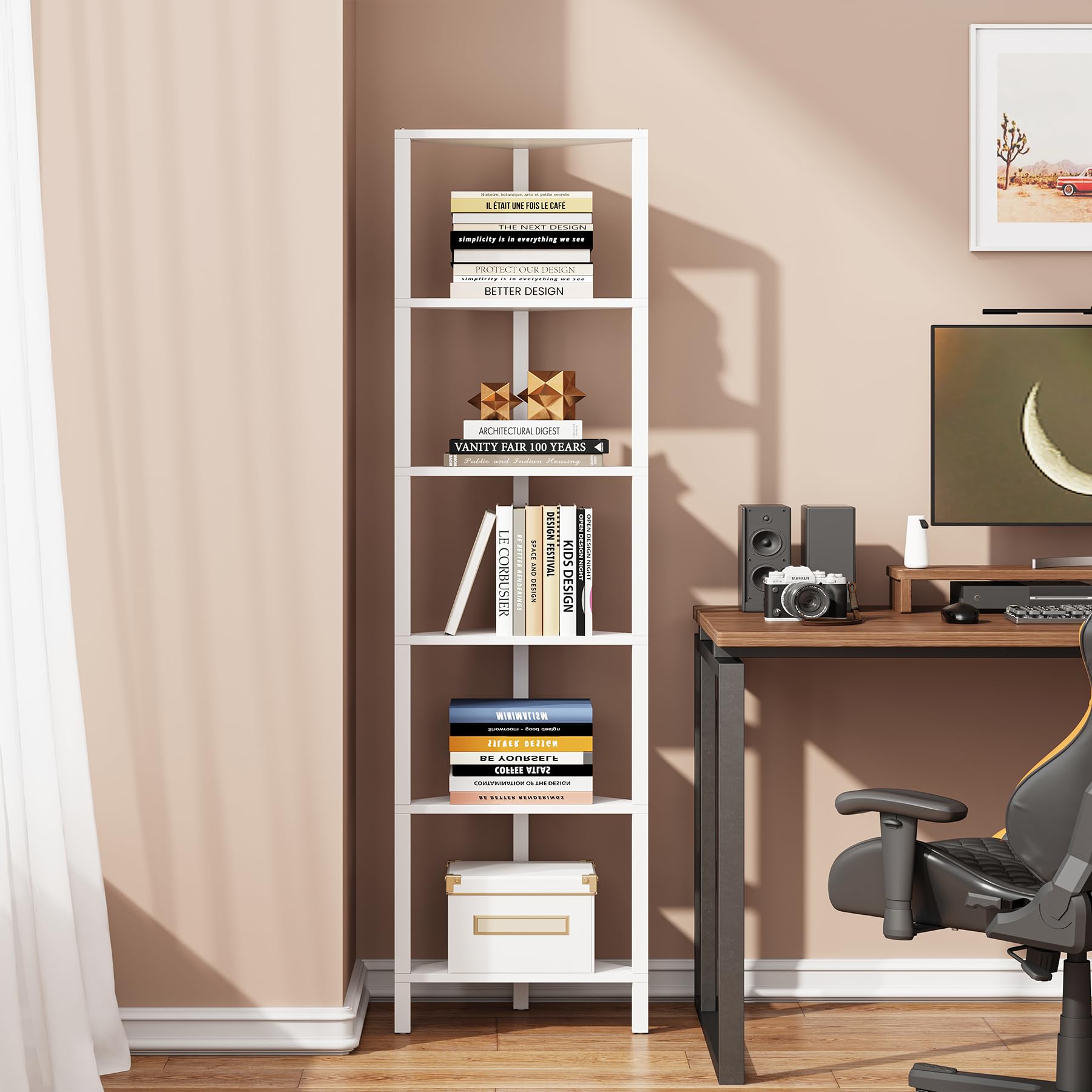 TUTOTAK Corner Bookshelf, 6-Tier Corner Shelf for Small Space, Narrow Display Corner Shelf Stand with Storage Rack, for Living Room, bedroom, Pure White BS05BW006EU
