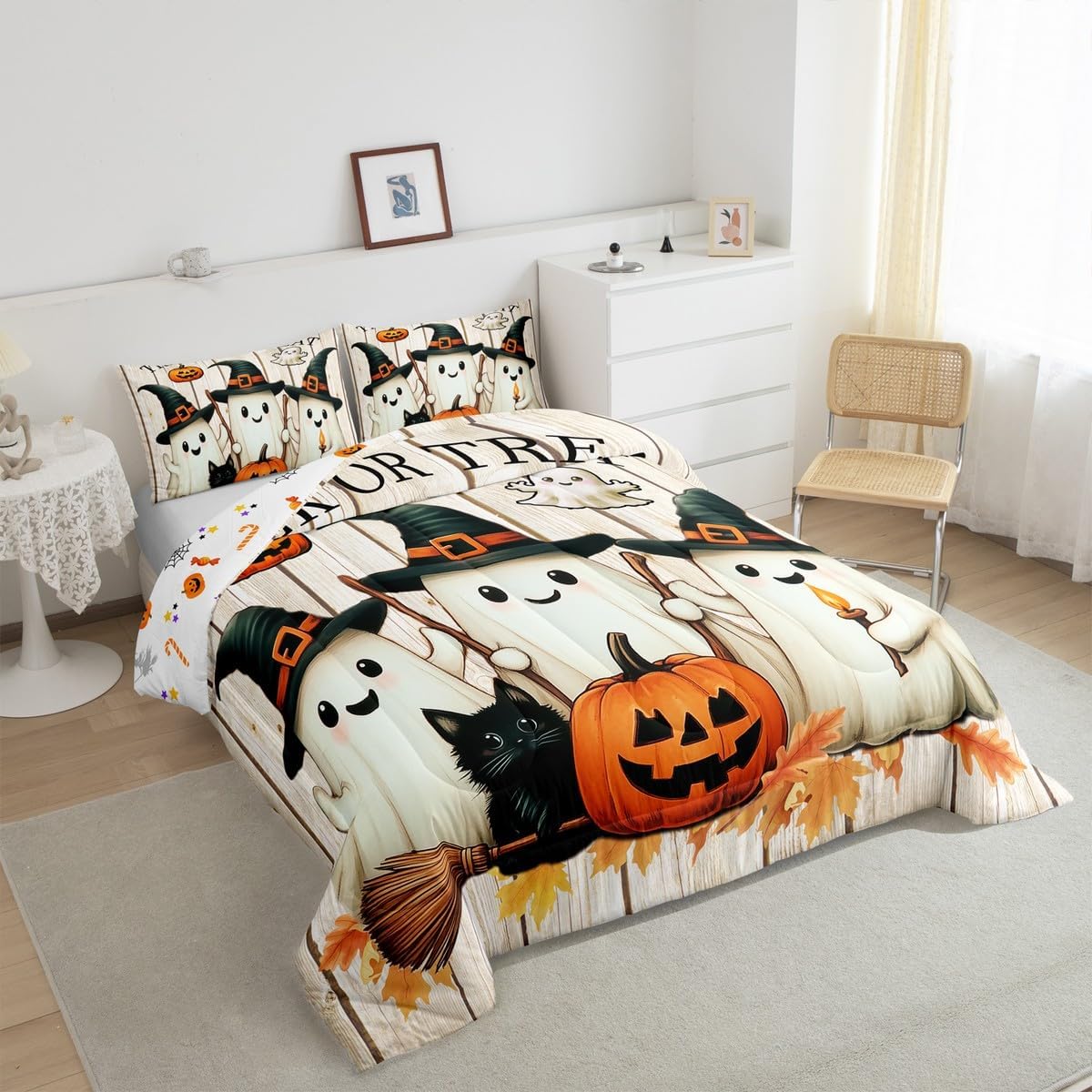 Erosebridal Cute Ghost Queen Comforter Set, Halloween Decor Bedding Comforter Sets for Kids Boys Girls Teens Adult Bedroom Decor, Pumpkin Lantern Bedding Set Rustic Wooden Planks Duvet Insert