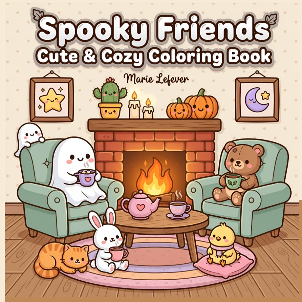 Spooky Friends Cute and Cozy Coloring book: Bold and Easy Adorable Creepy Creatures in Cozy Hygge Moments — Cute Halloween Scenes for Relaxation and Stress Relief
