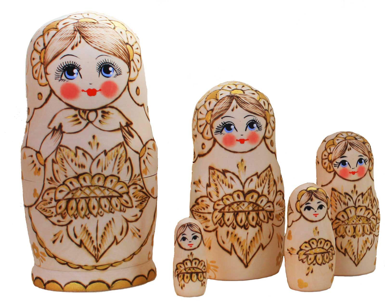 Matroschka Babuschka Matryoshka Holz Figuren Sonnenblume 5 Puppen Holzbrandmahlerei