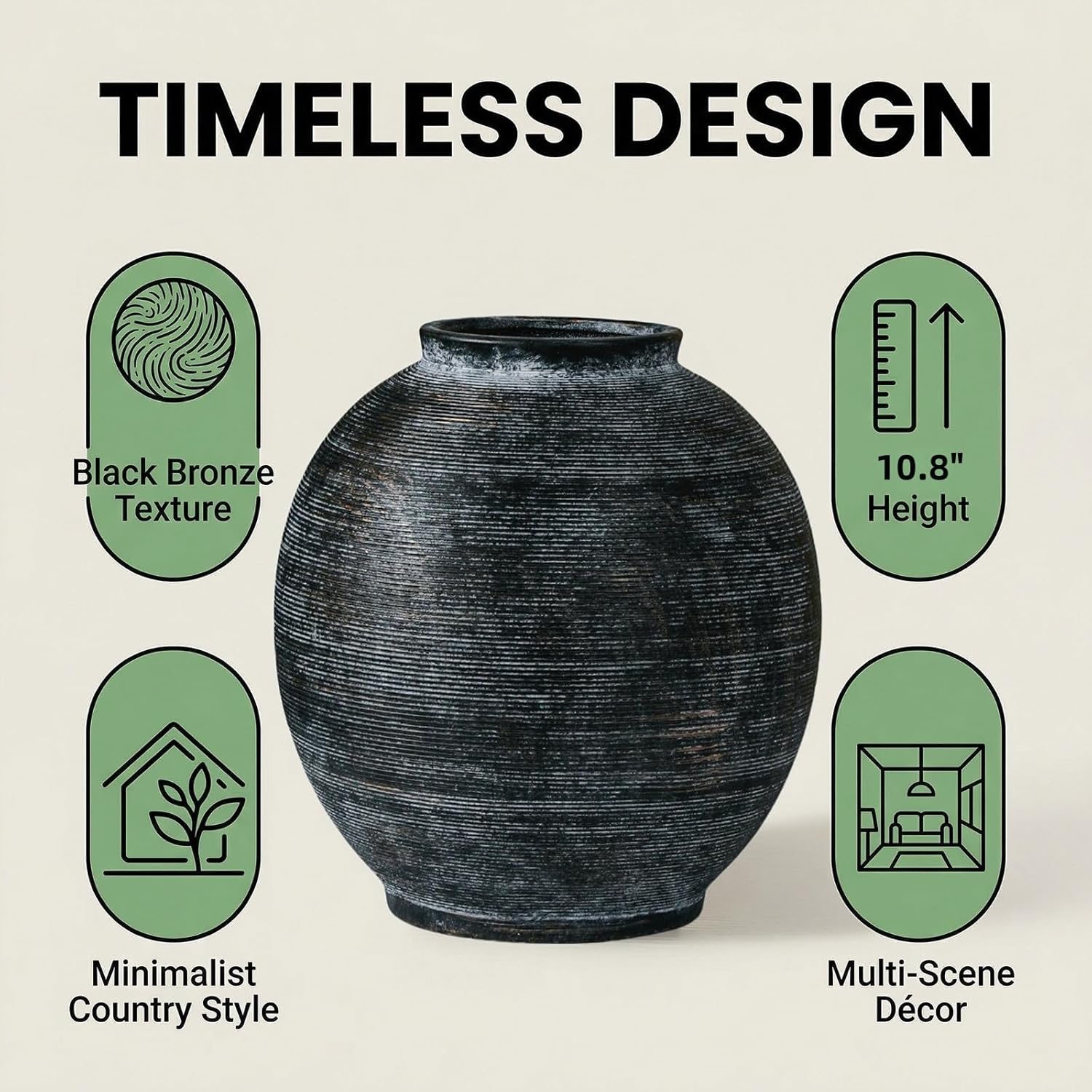 Large Black Ceramic Vase Home Decor, Round Farmhouse Table & Floor Vases Rustic Vintage Living Room Entrway Kitchen Bedroom Decorations,Minimalist Hand-Made Textured Vase (10.8” H Black Bronze) - Image 3