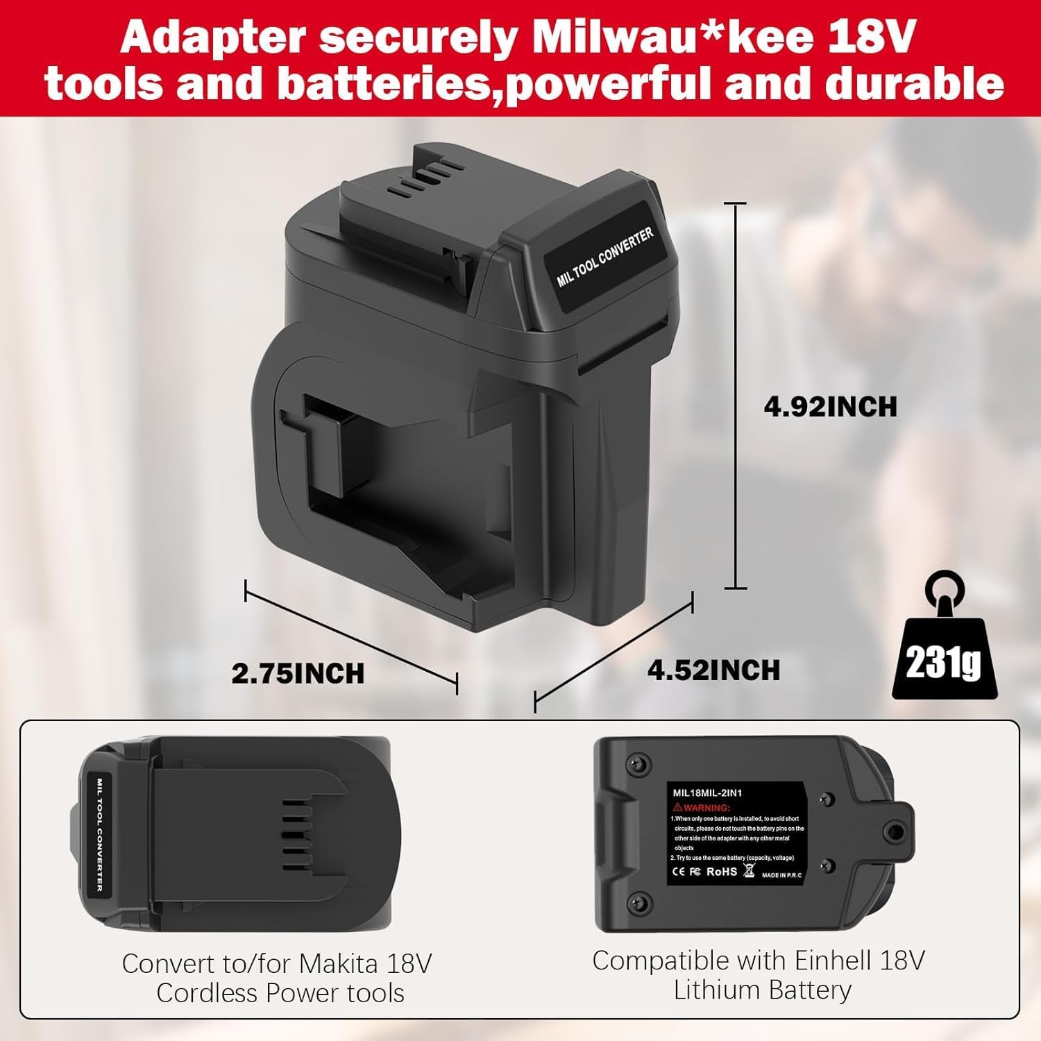 2-in-1 Battery Adapter for Milwaukee M18 48-11-1862, 48-11-1852, 48-11-1828 Battery, Compatible for Milwaukee 18V M18 Cordless Power Tools for Longer Runtime(NO Battery)