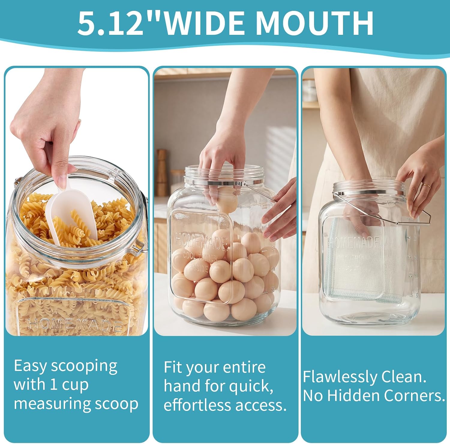 FavorFlavor Glass Jar with Airtight Lid: 2 Pack 1.5 Gallon Wide Mouth Mason Jars with Handles & Non-slip Bases, Large Food Storage Containers with 2 Measurement Mark for Kitchen, Flour, Candy, Cookie