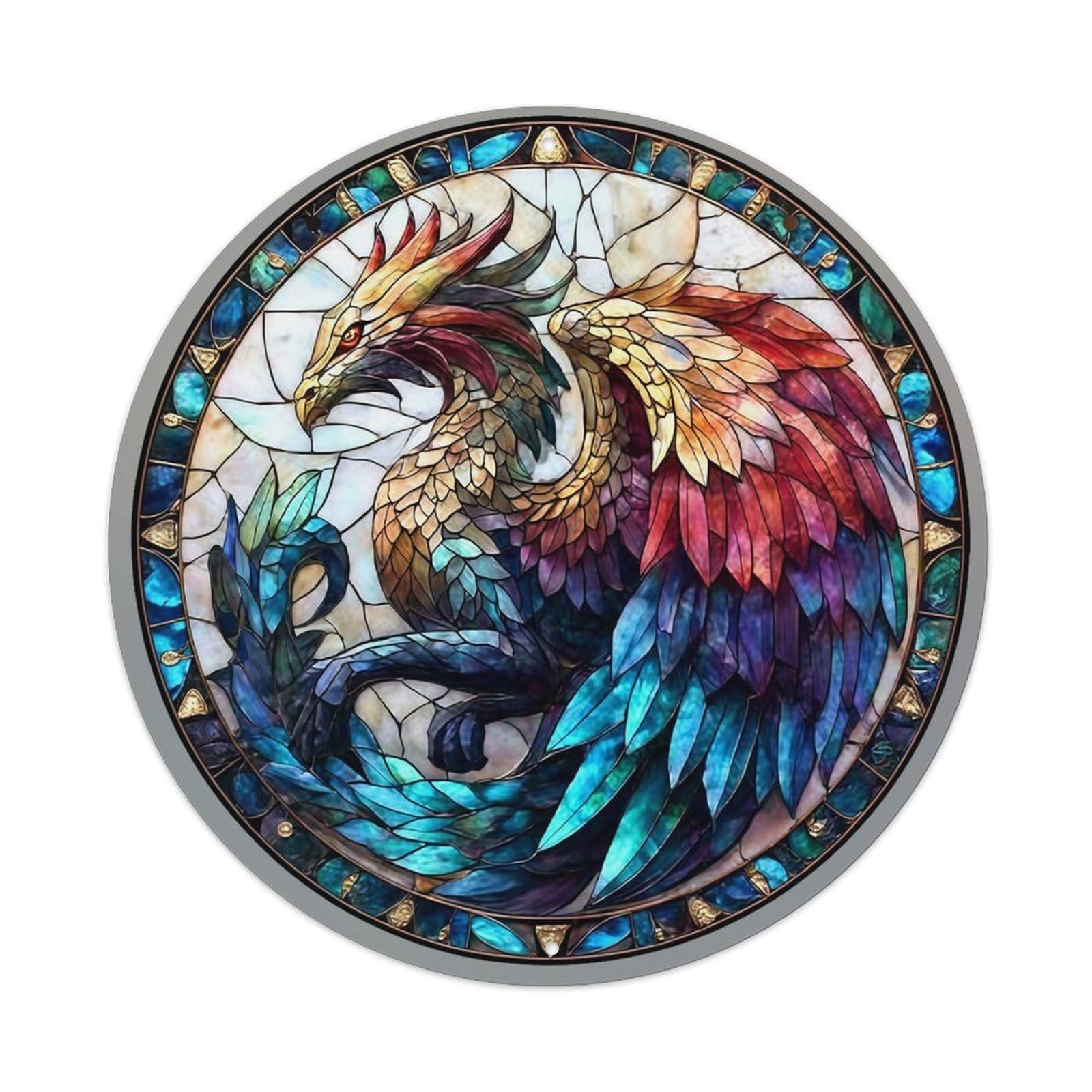 Stained Glass Dragon Circular Design_1 Vintage Metal Tin Sign Retro Wall Decor for Home Bar Garage Cafe, Indoor & Outdoor Decorative，circle Metal Poster, 8x8 Inch